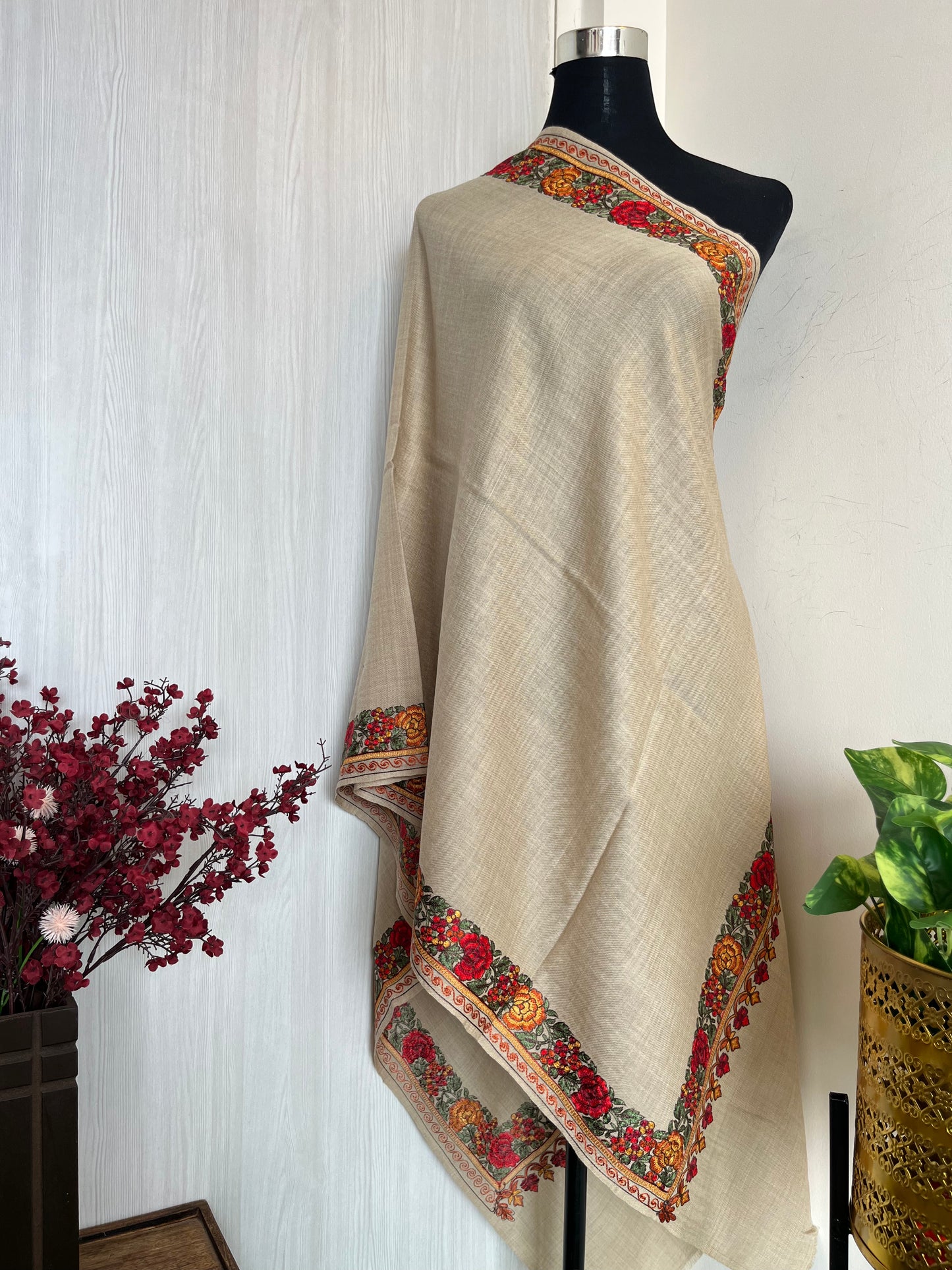 Beige Silk Thread Border Embroidered Fine Semi Pashmina stole