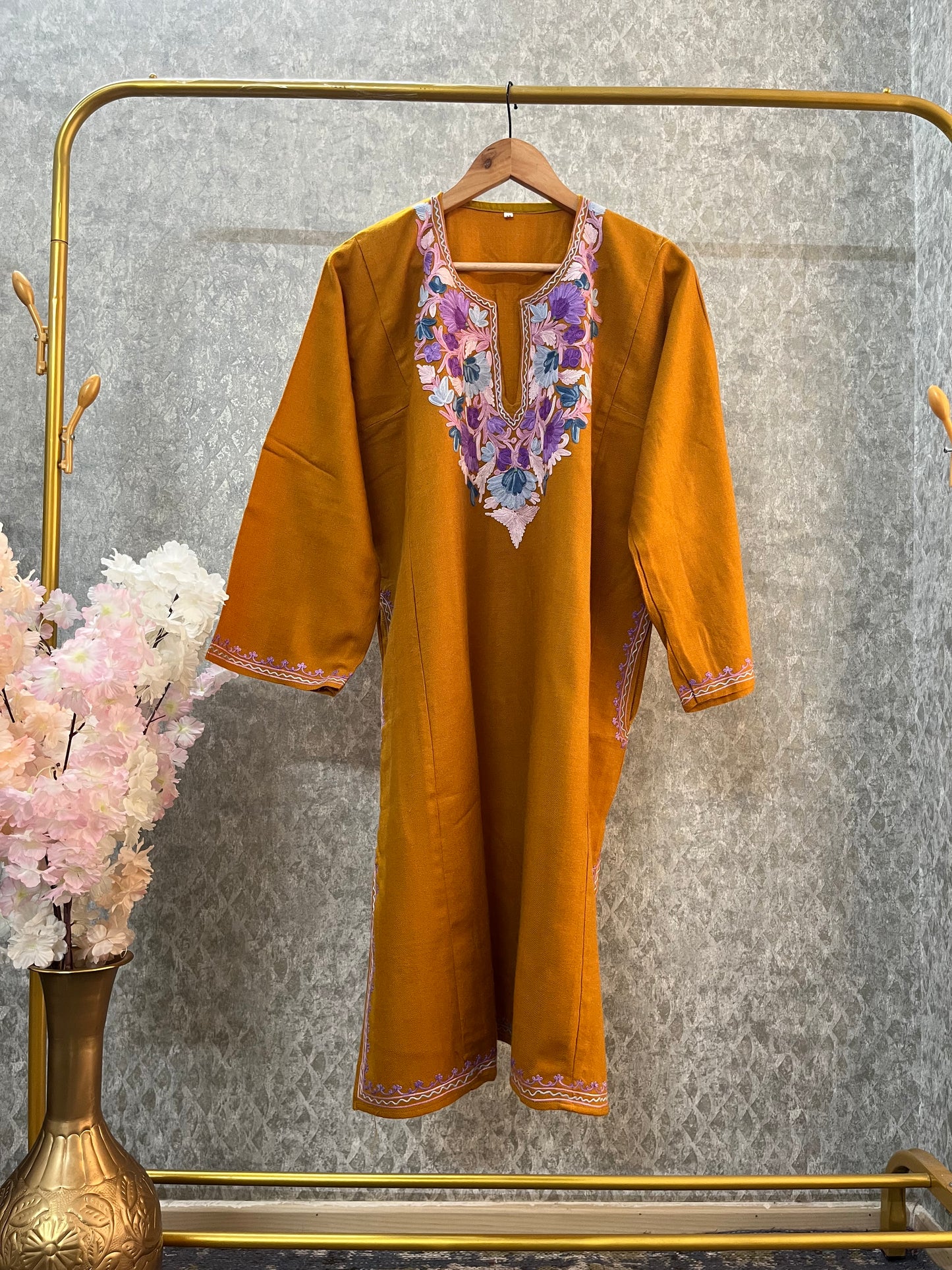 Mustard Aari Embroidered Wool Pheran