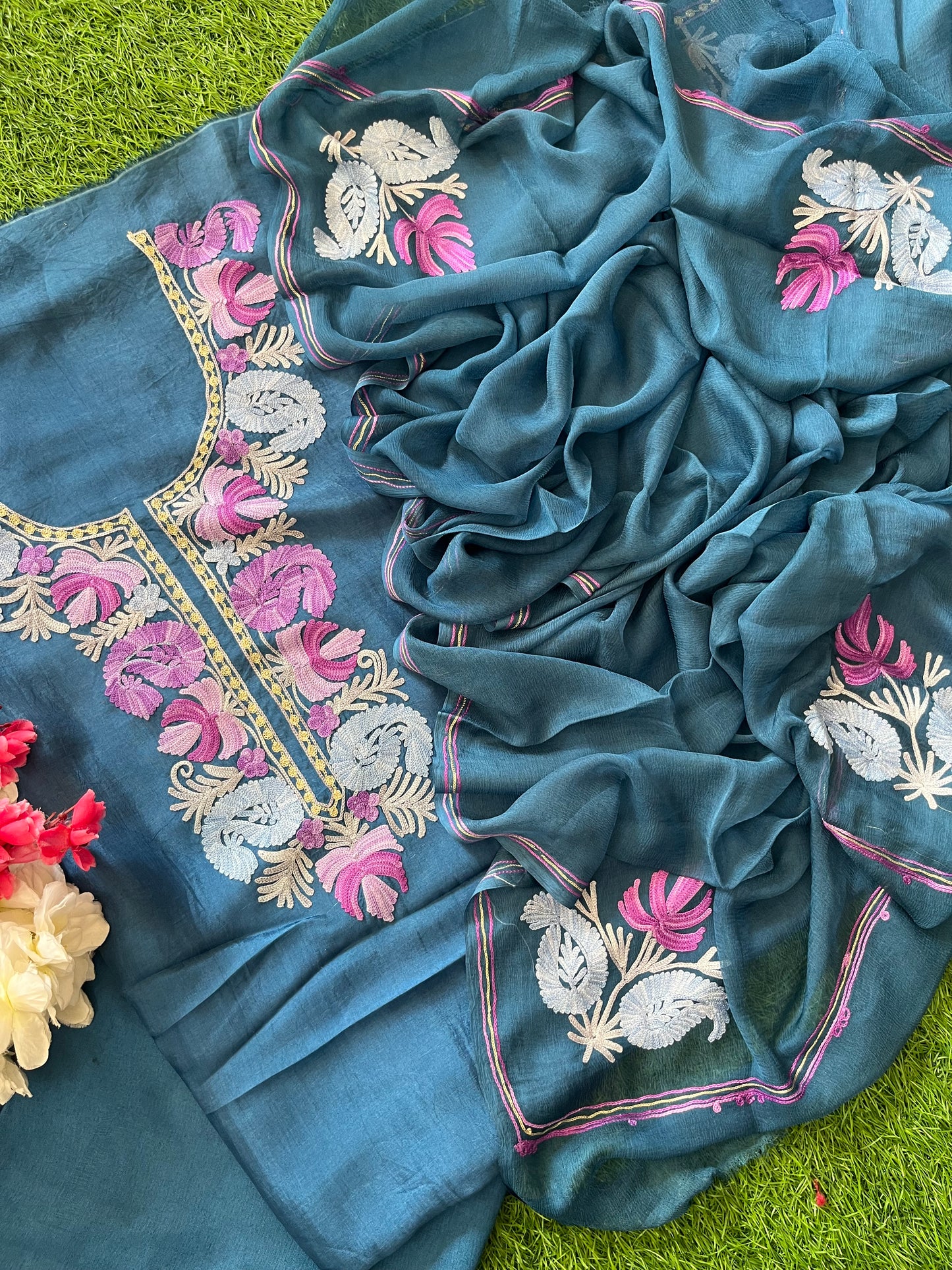 Blue Opada Silk Aari Embroidered Suit material