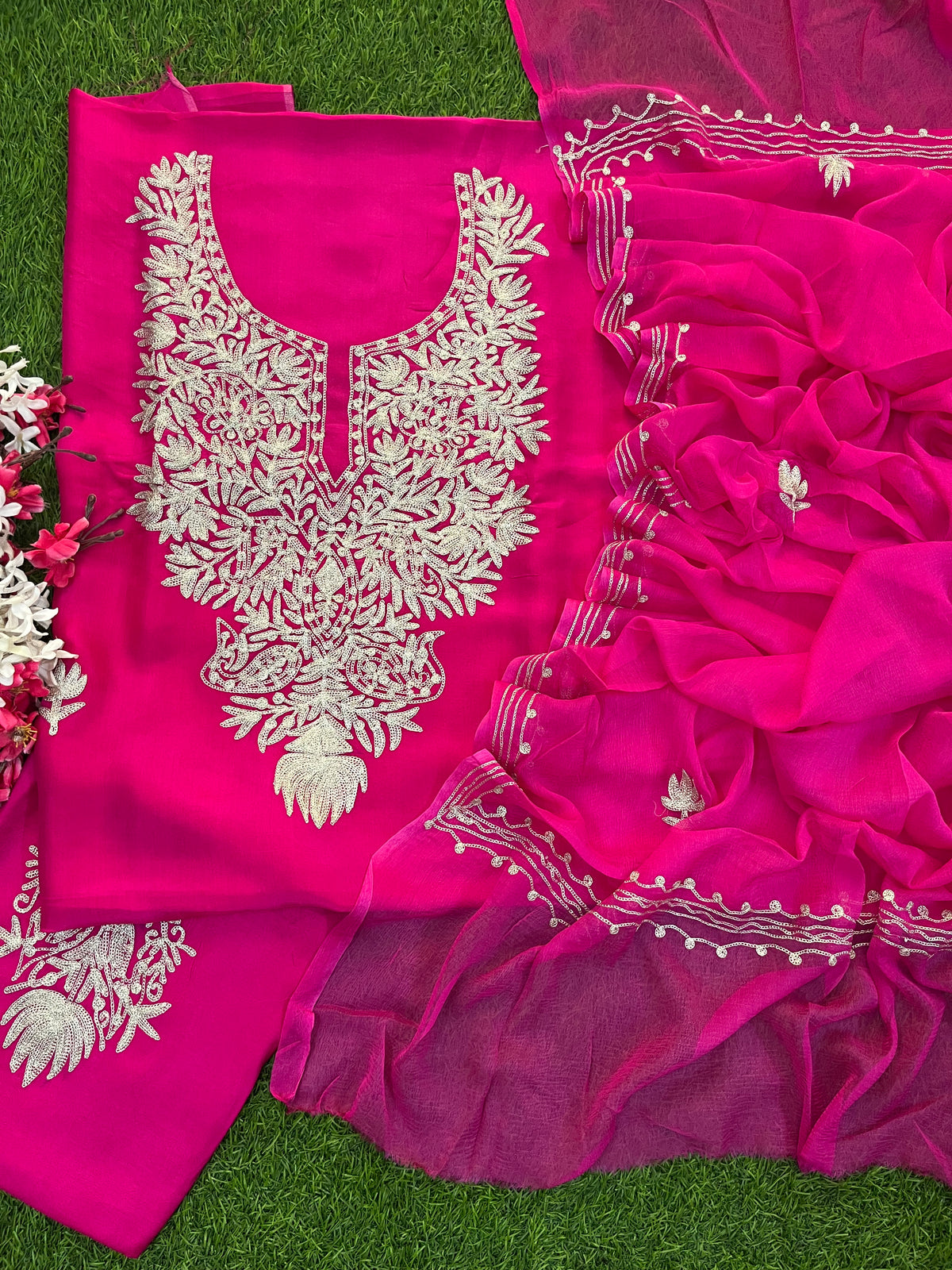 Hot Pink Silk Tilla Kashmiri Suit