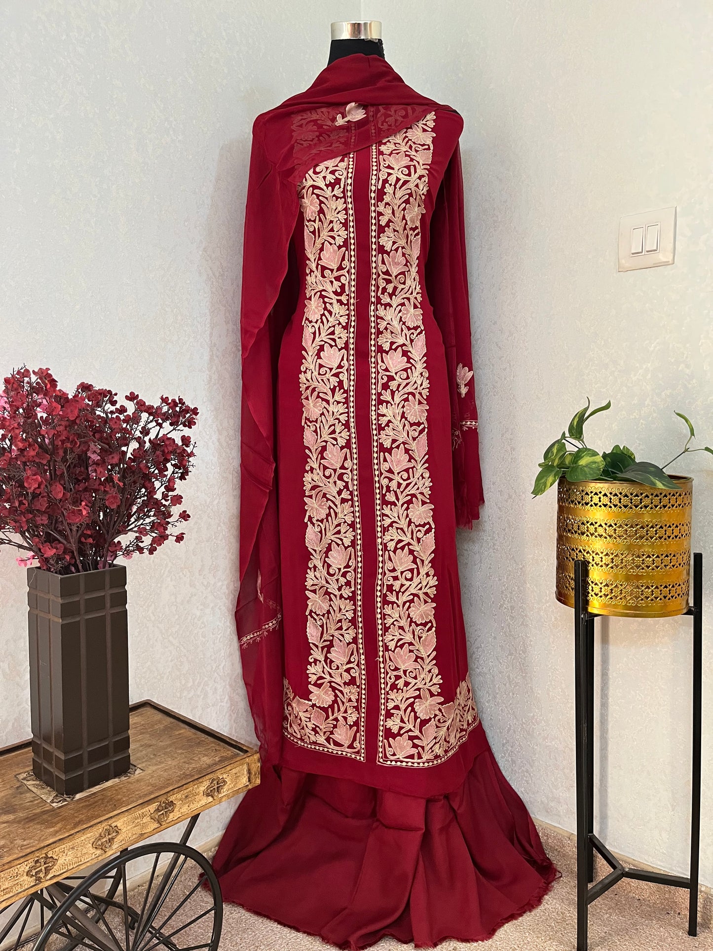 Maroon Pure Georgette Achkan Kashmiri Suit