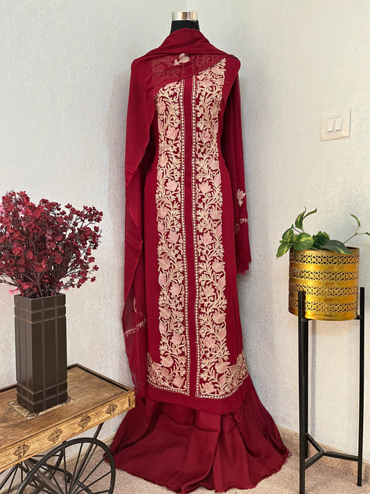 Maroon Pure Georgette Achkan Kashmiri Suit