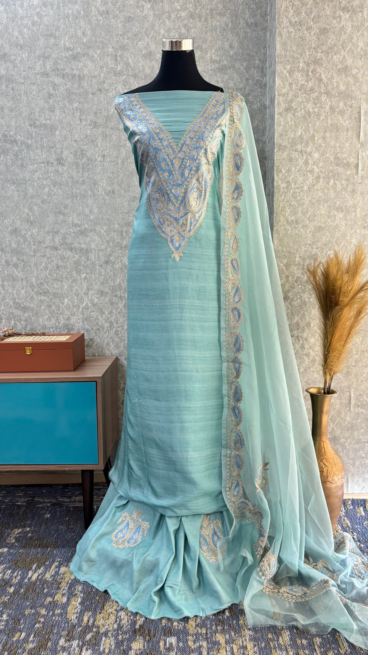 Baby Blue Russian Silk Kashmiri Suit