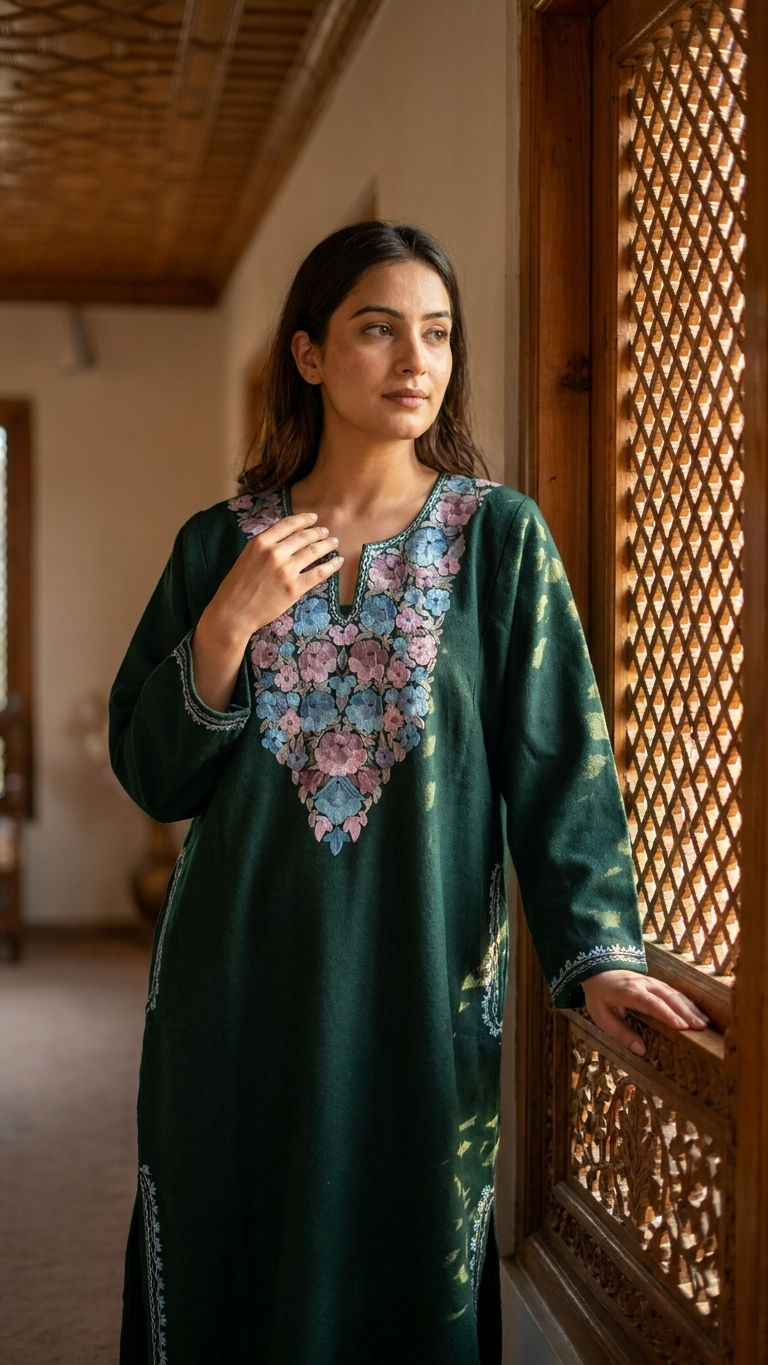 Green Aari Embroidered Wool Pheran