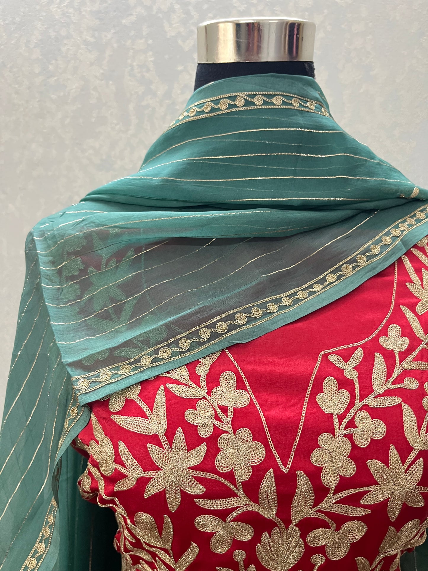 Red Satin Cotton Kashmiri Suit