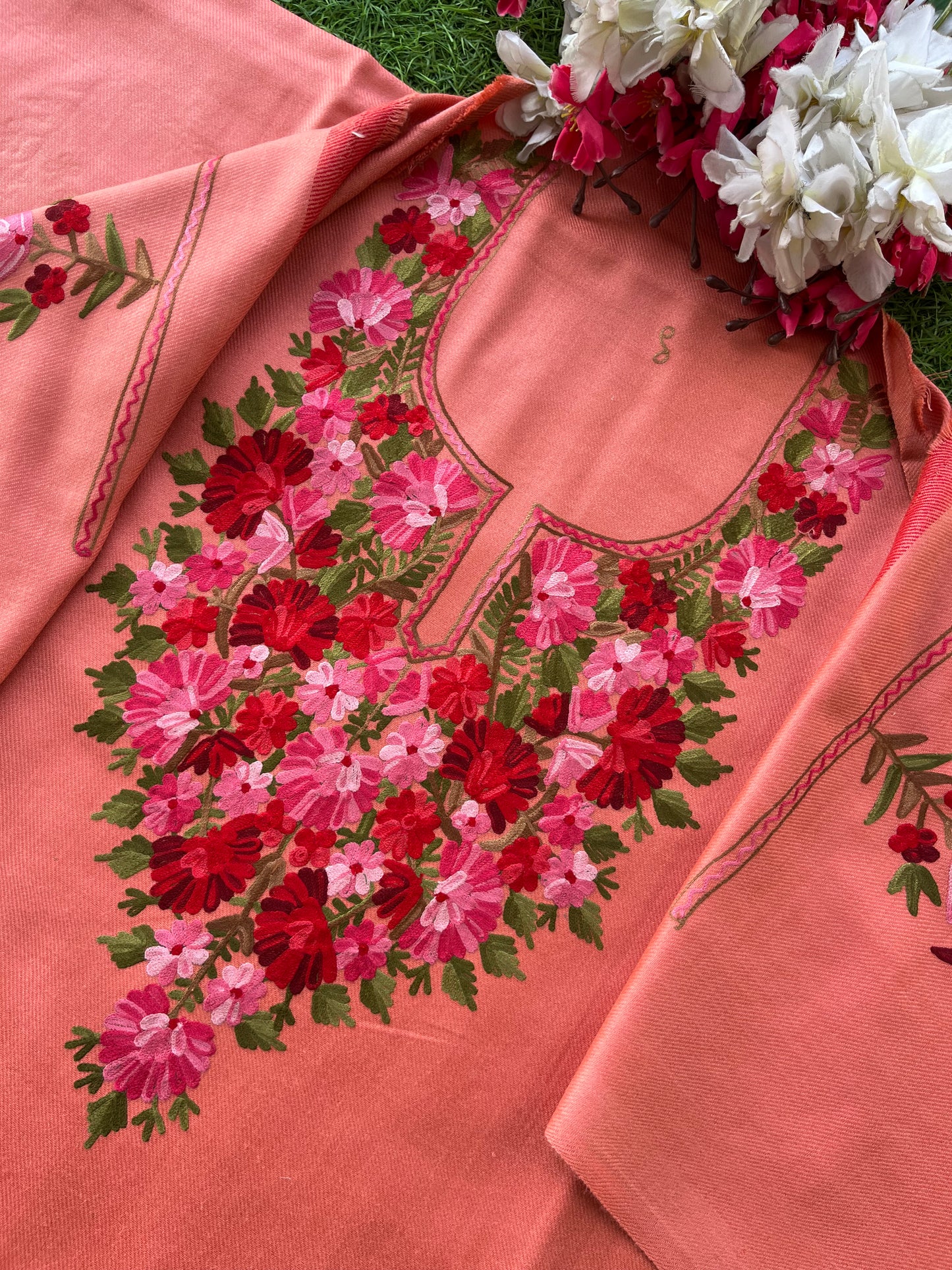 Soft Pink Woollen Aari Embroidered 2pc suit 5mtr