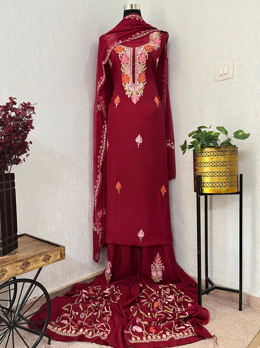 Maroon Muslin Cotton Jaal Sleeves Kashmiri 3pc Suit