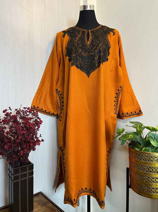 Orange Aari Embroidered Cashmilon Pheran