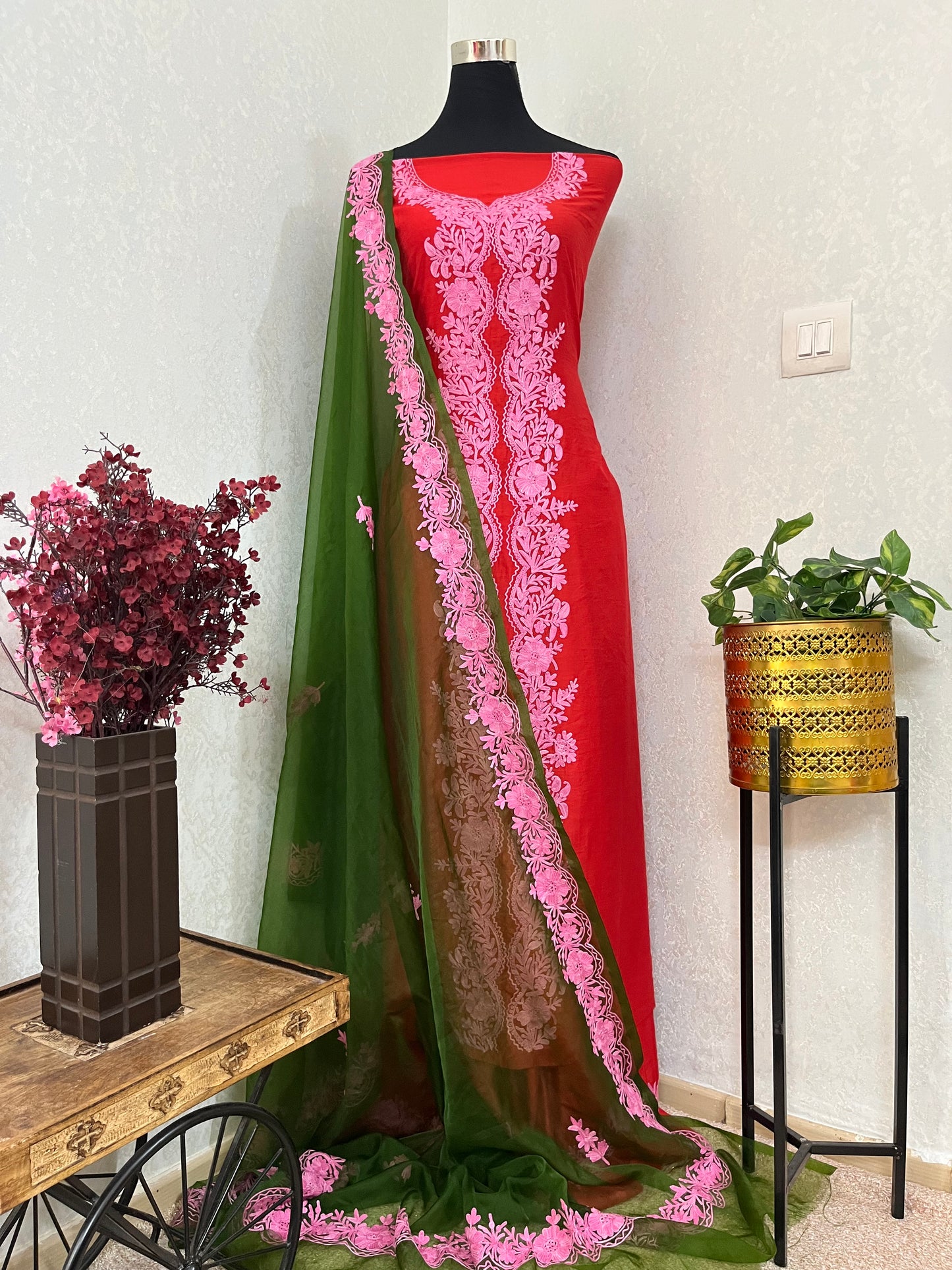 Red Chanderi Silk Kashmiri Suit