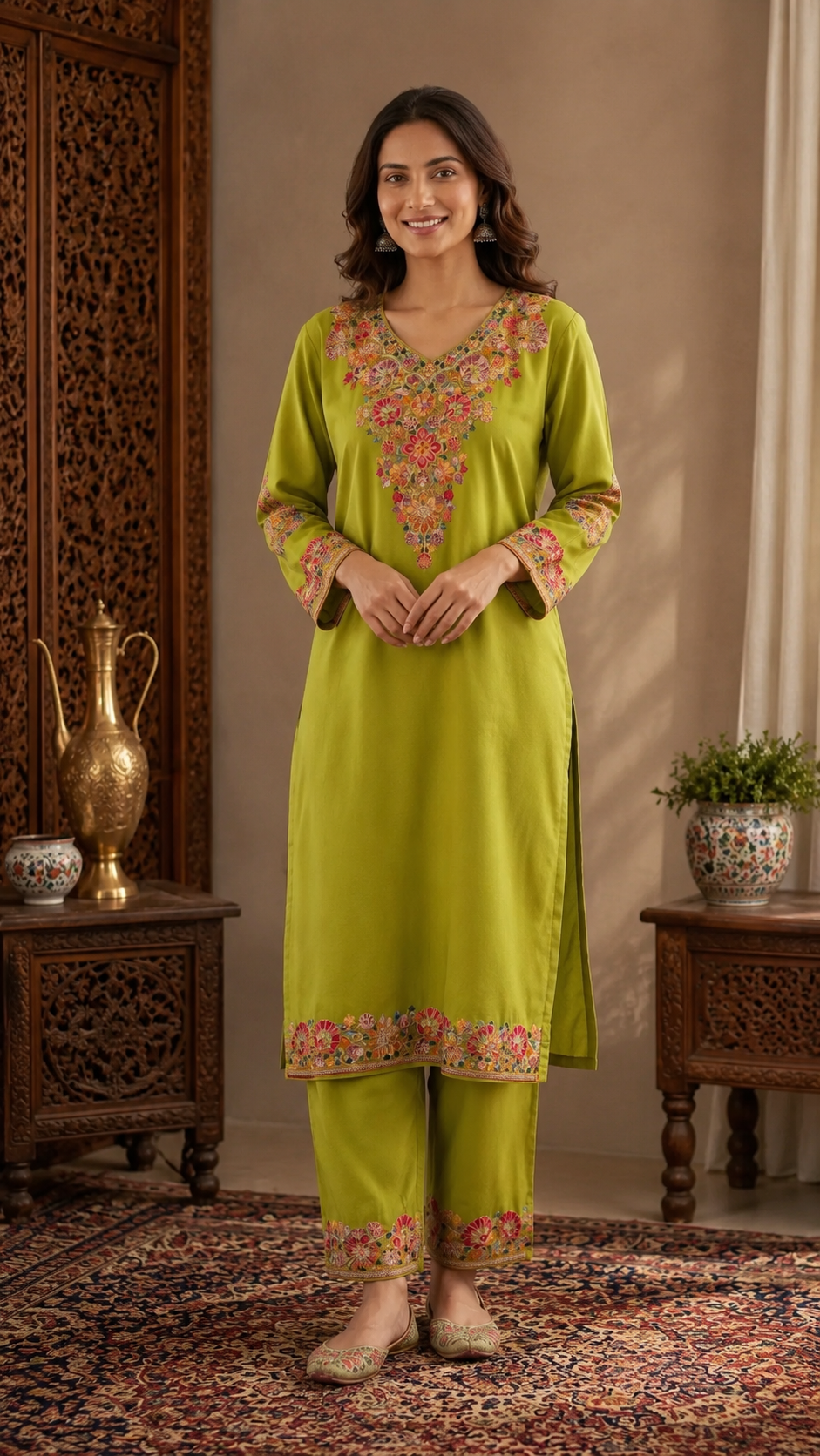 Lime Green Cotton Stitched Co-ord Set( 44)