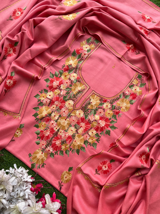 Pink Woollen Aari Embroidered 3pc suit