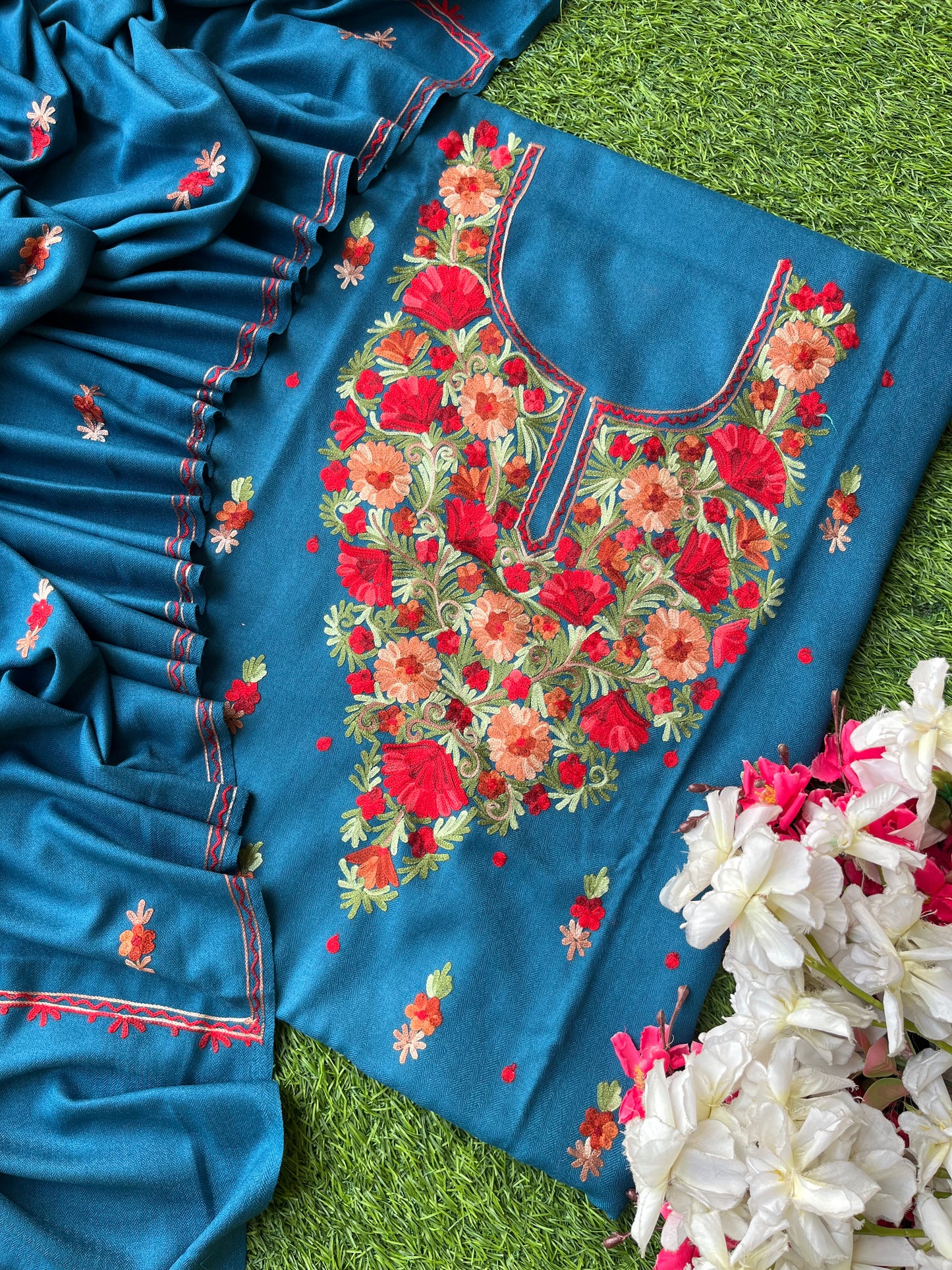 Peacock Blue Woollen Aari Embroidered 3pc suit