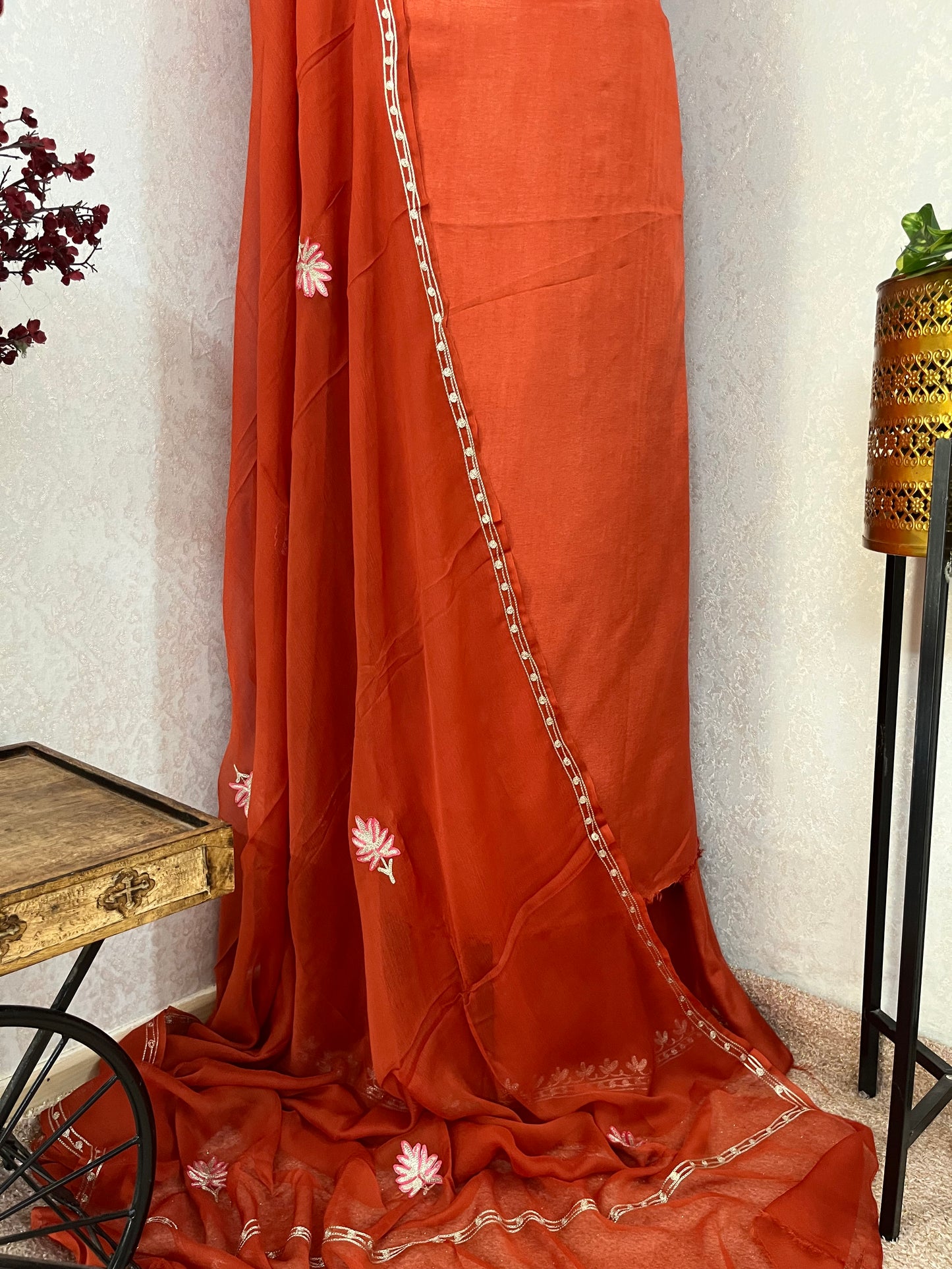 Sweet Orange Silk Tilla Kashmiri Suit
