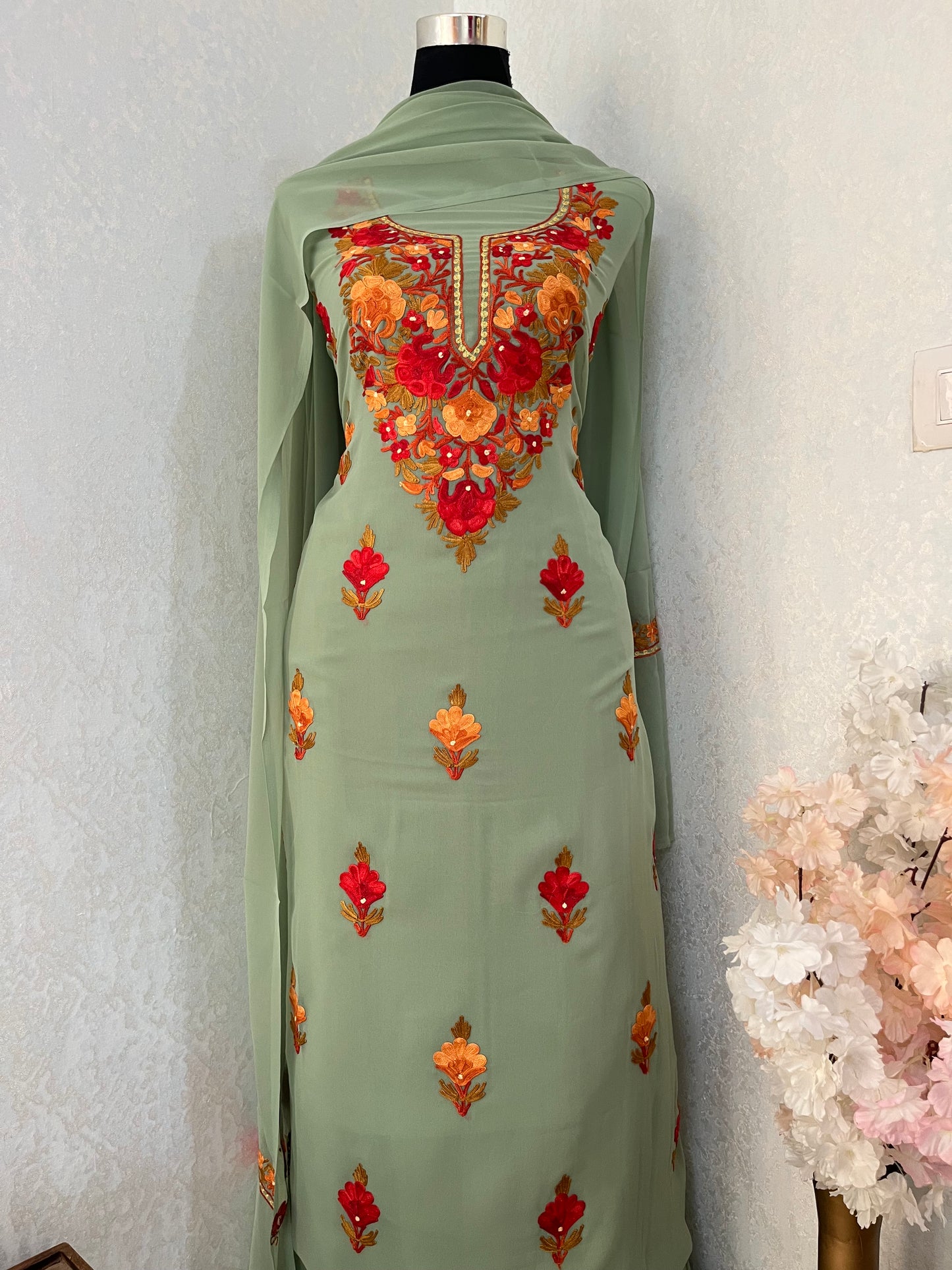 Jade Green Georgette 3Pc Kashmiri Suit