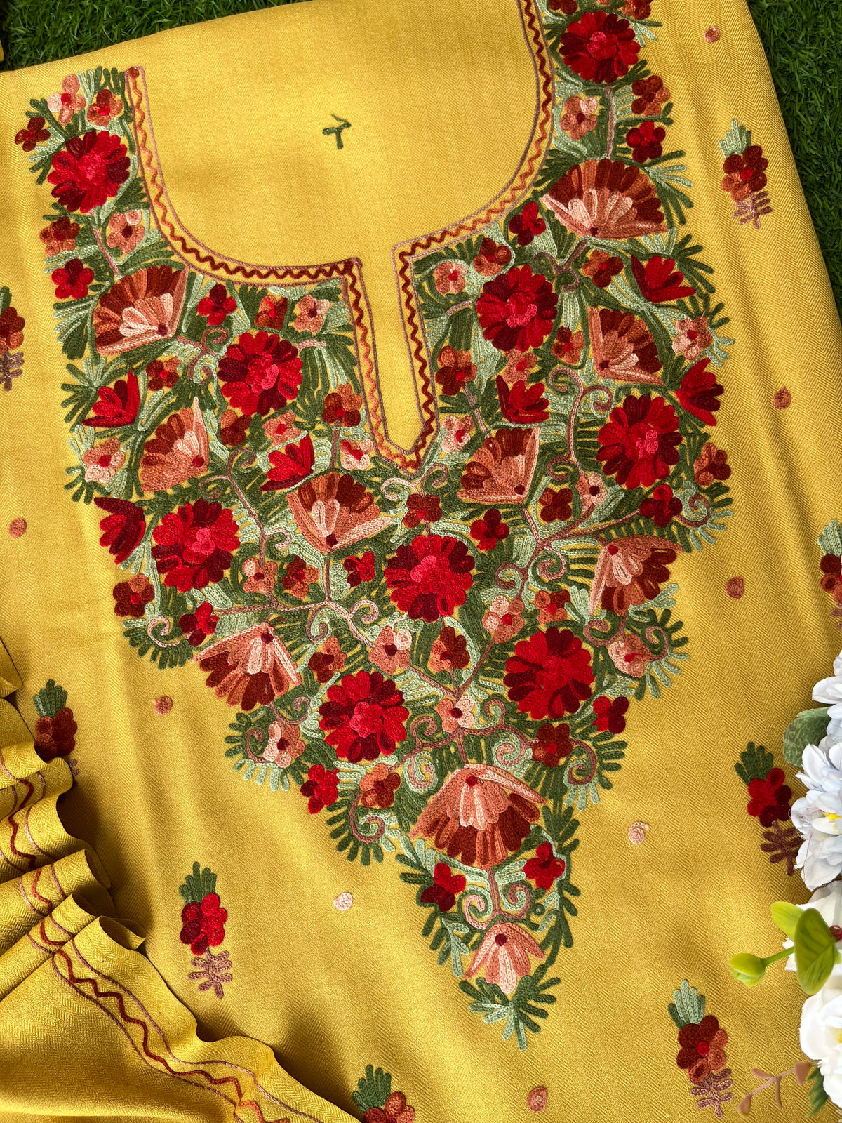 Yellow Woollen Aari Embroidered 3pc suit