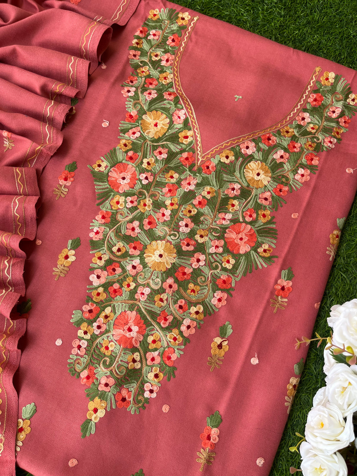 Pink Woollen Aari Embroidered 3pc suit