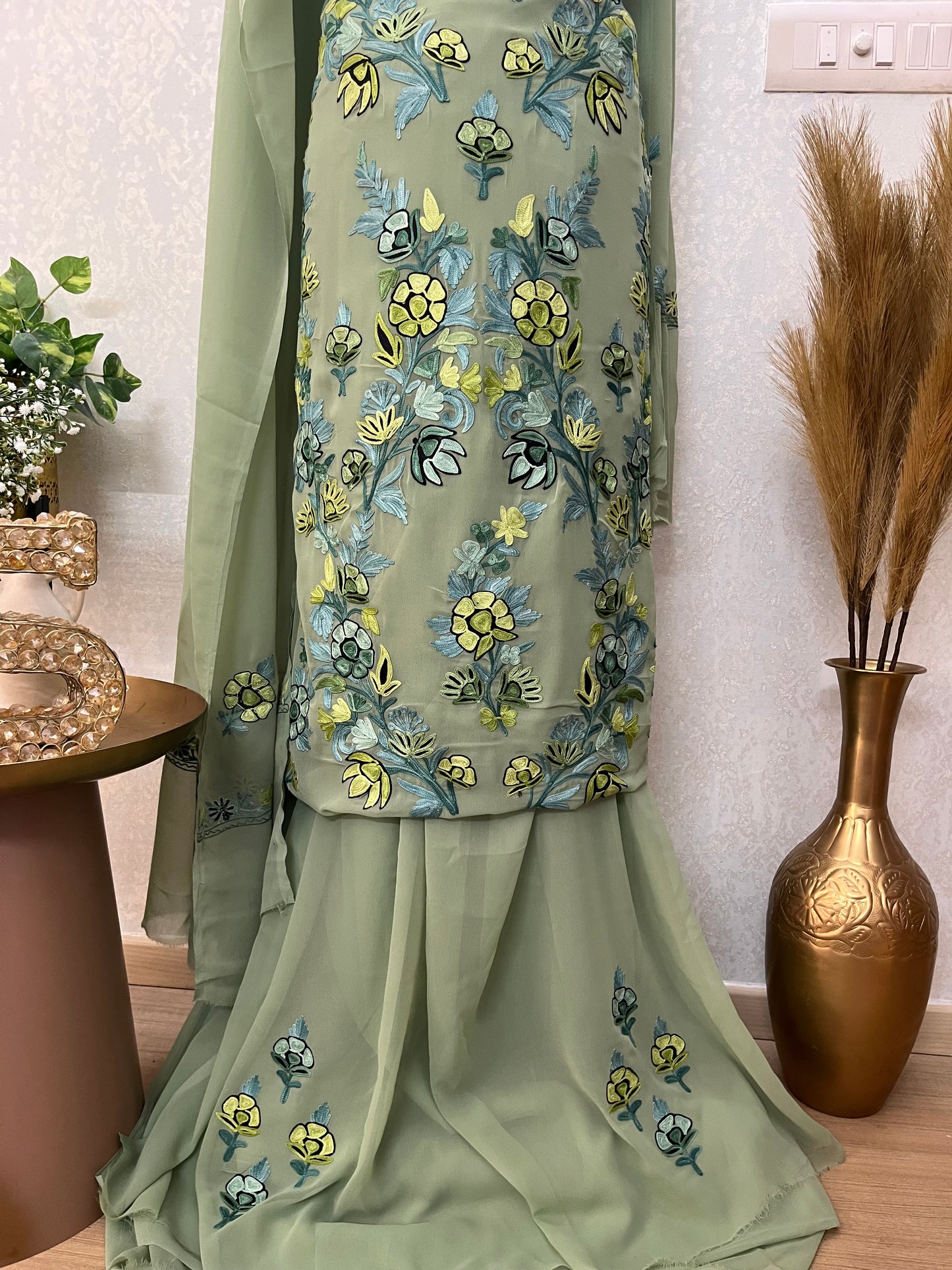Mint Green Georgette 3 Pc Kashmiri Suit