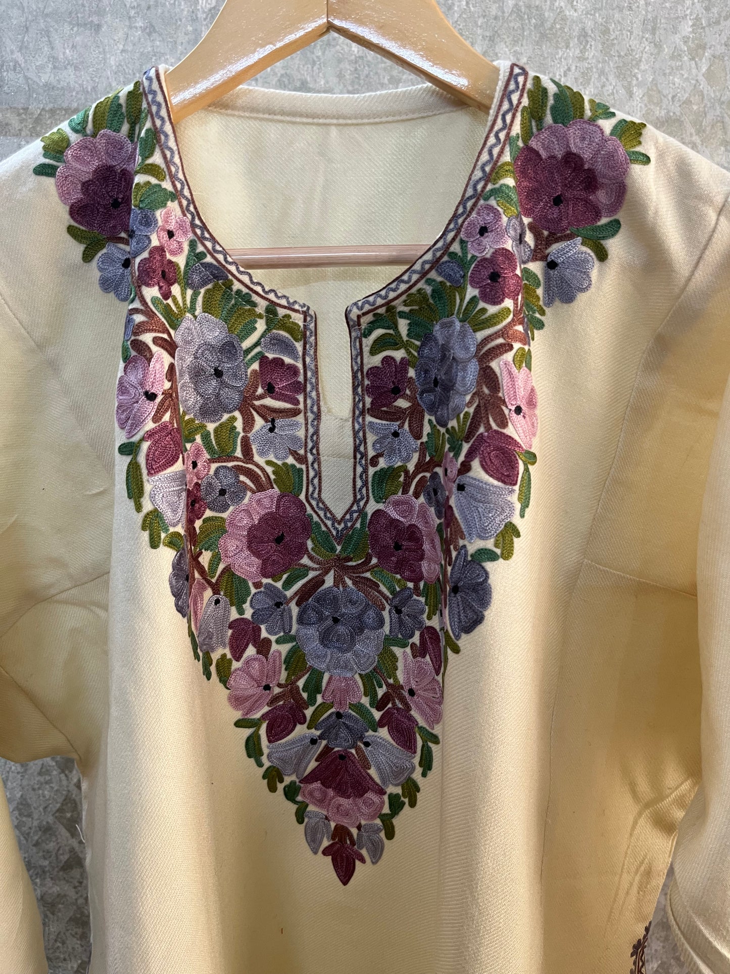 Off White Aari Embroidered Wool Pheran