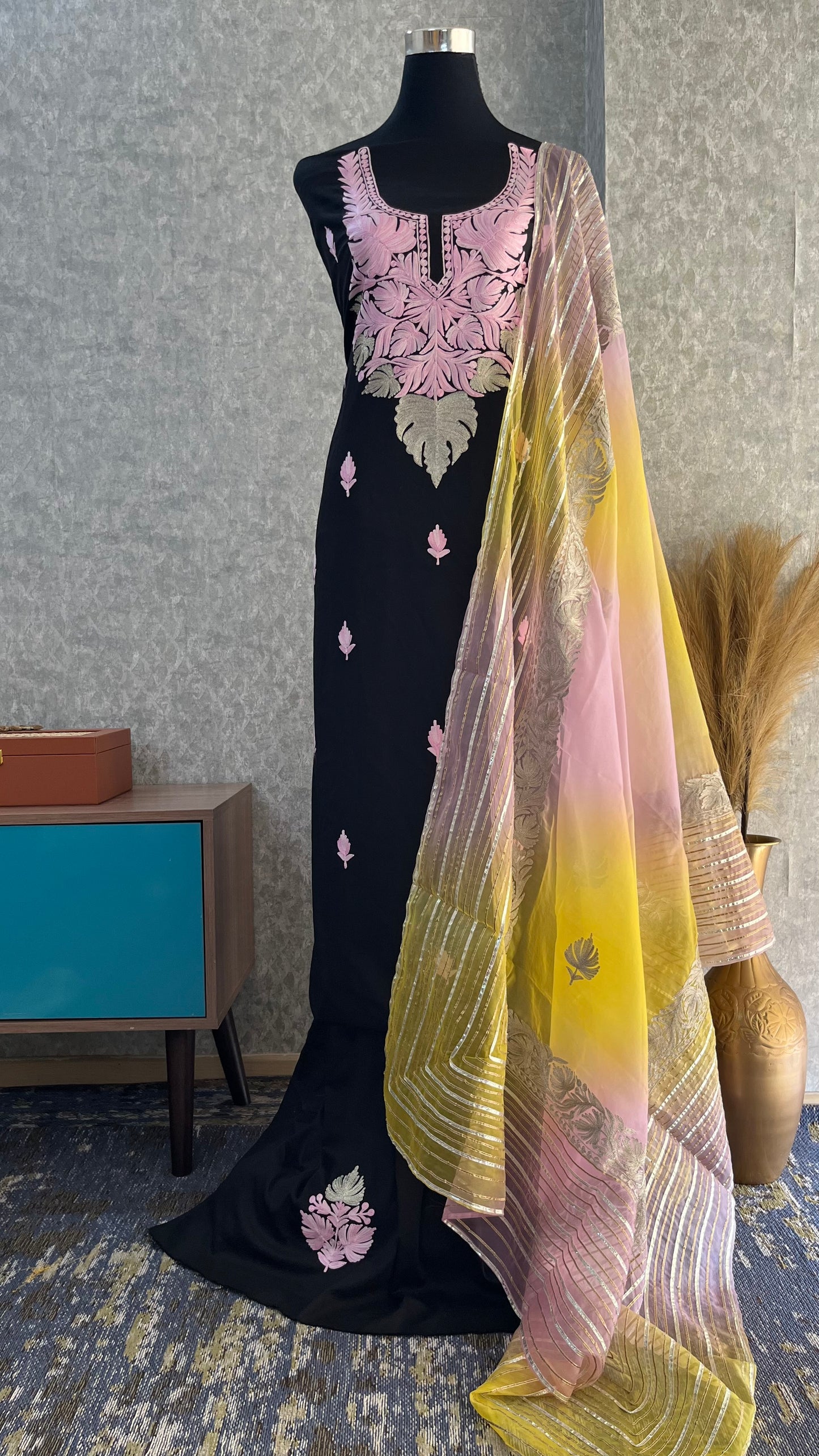 Black Satin Cotton Kashmiri Suit
