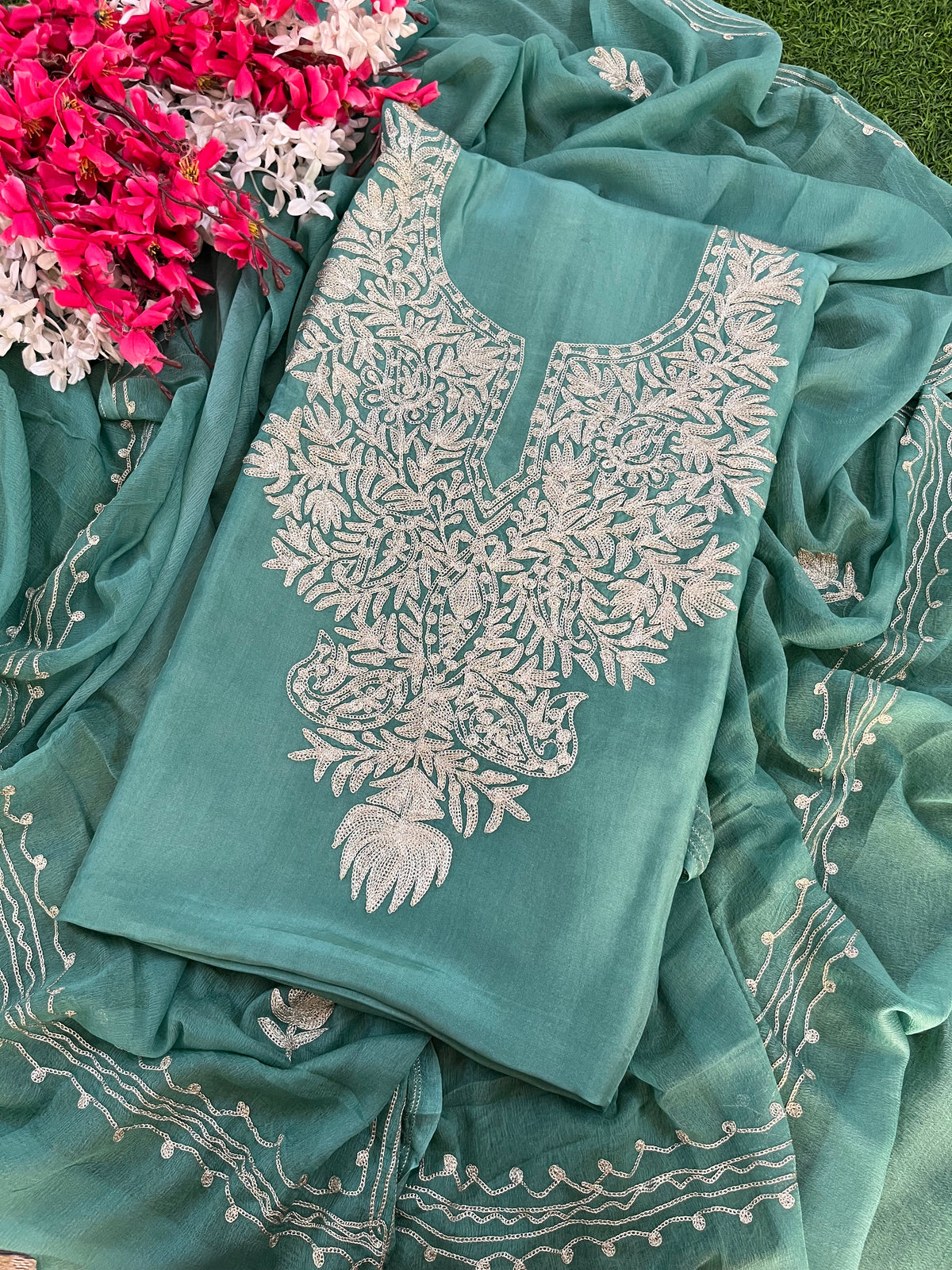 Green Silk Tilla Kashmiri Suit