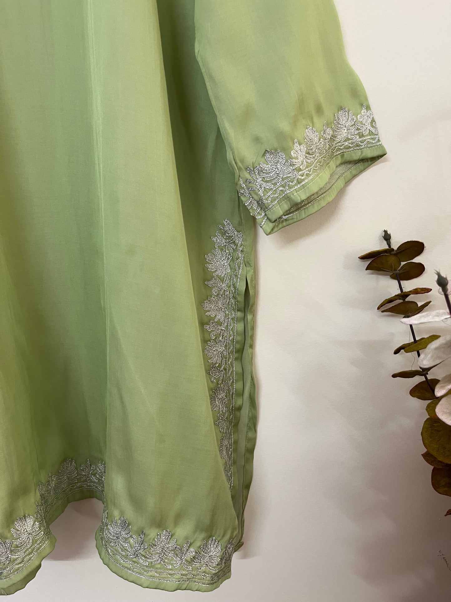 Soft Green Cotton Tilla Embroidered Stitched Kurta