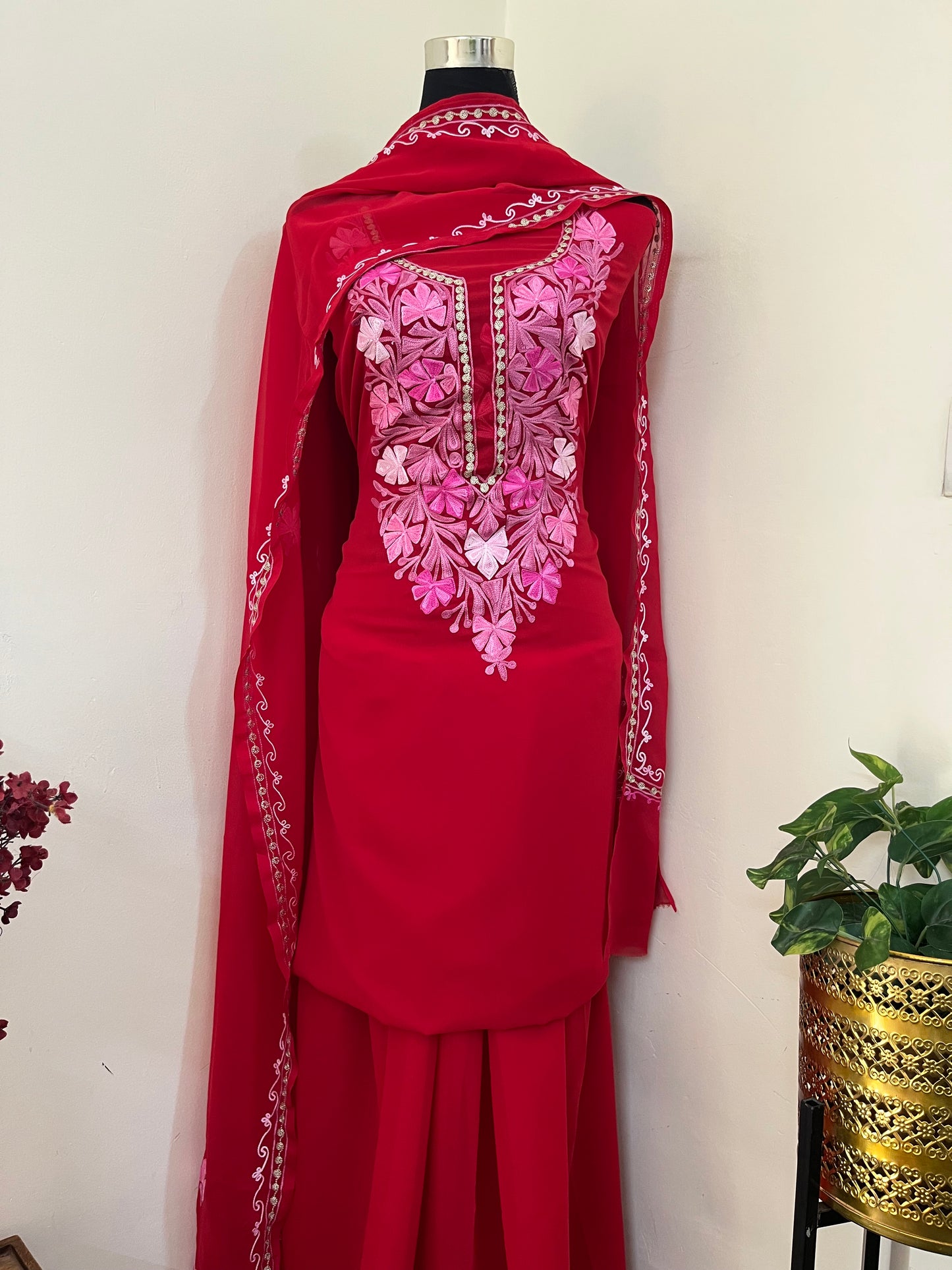 Red Georgette 3 Pc Aari Embroidered Suit Set