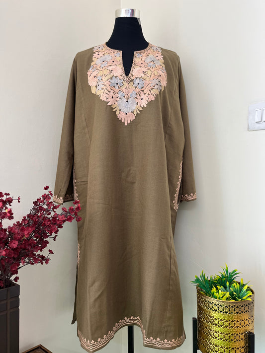 Beige Aari Embroidered Wool Pheran