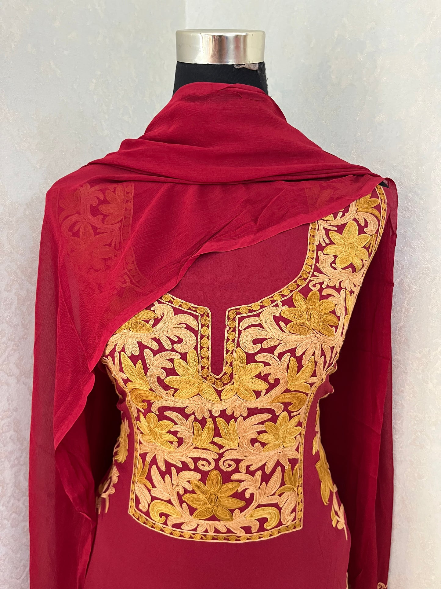 Maroon  Pure Georgette Aari Embroidered Suit