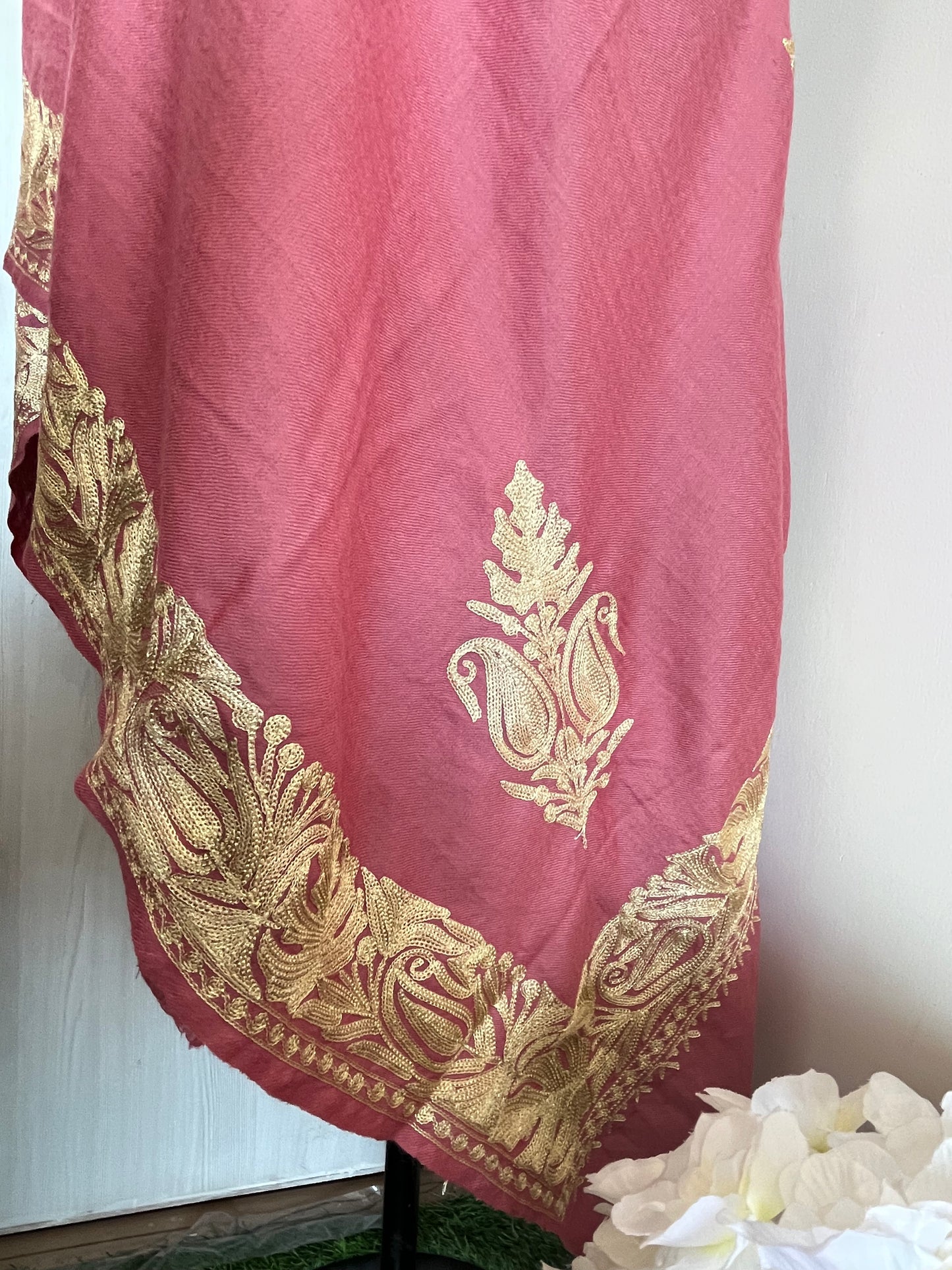 Onion Pink Fine Semi Pashmina Tilla Embroidered stole