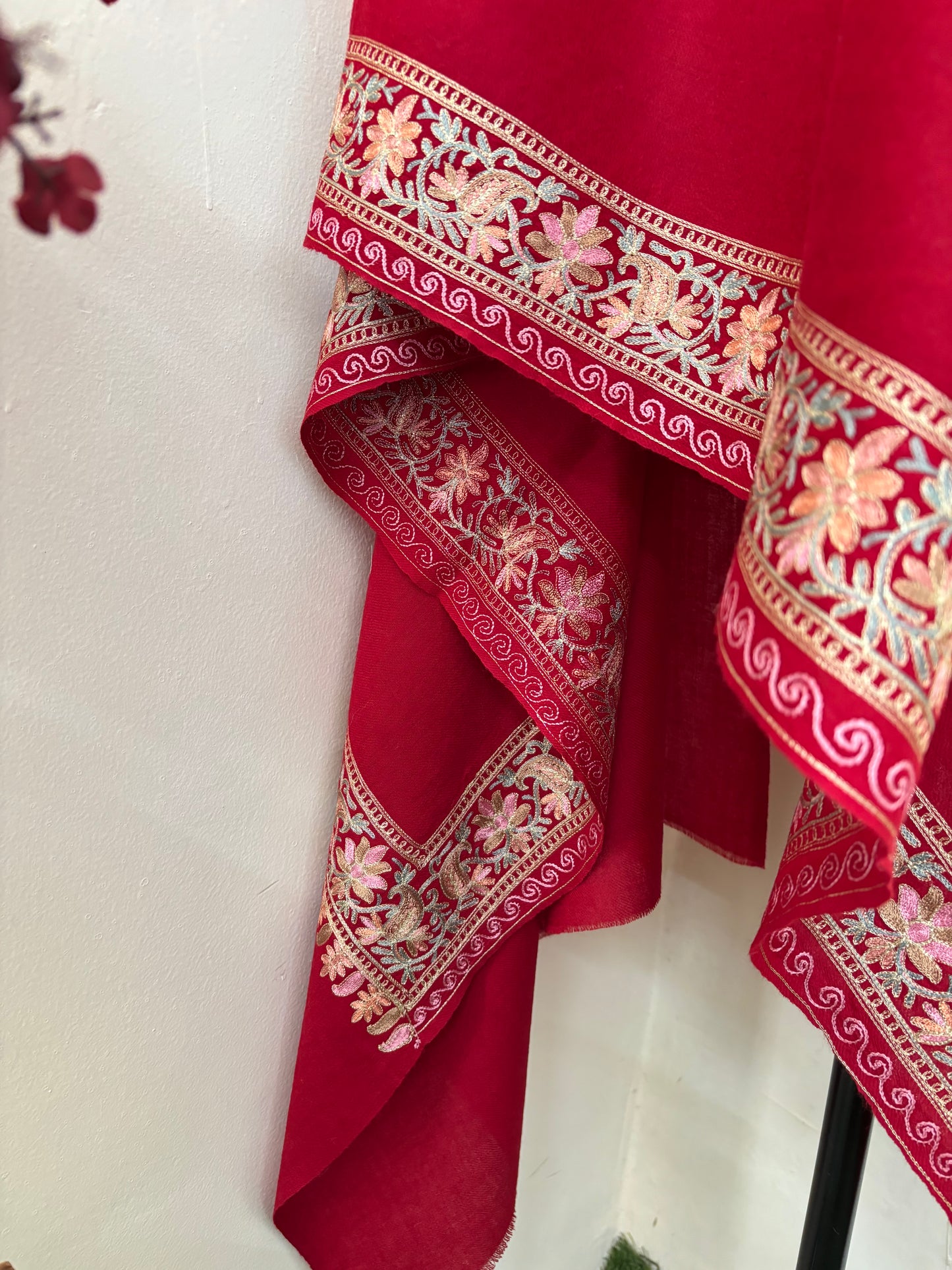 Red Silk Thread Ambi Aangan Embroidered Fine Semi Pashmina stole