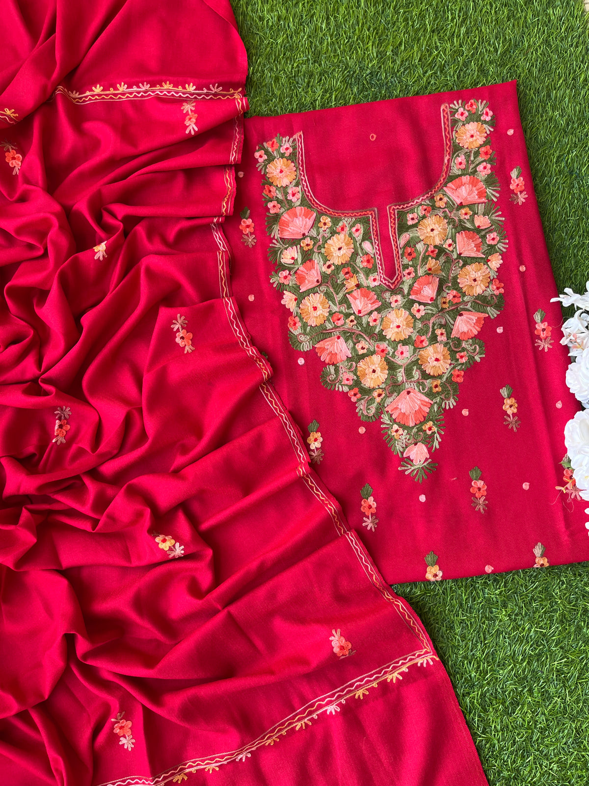 Red Woollen Aari Embroidered 3pc suit