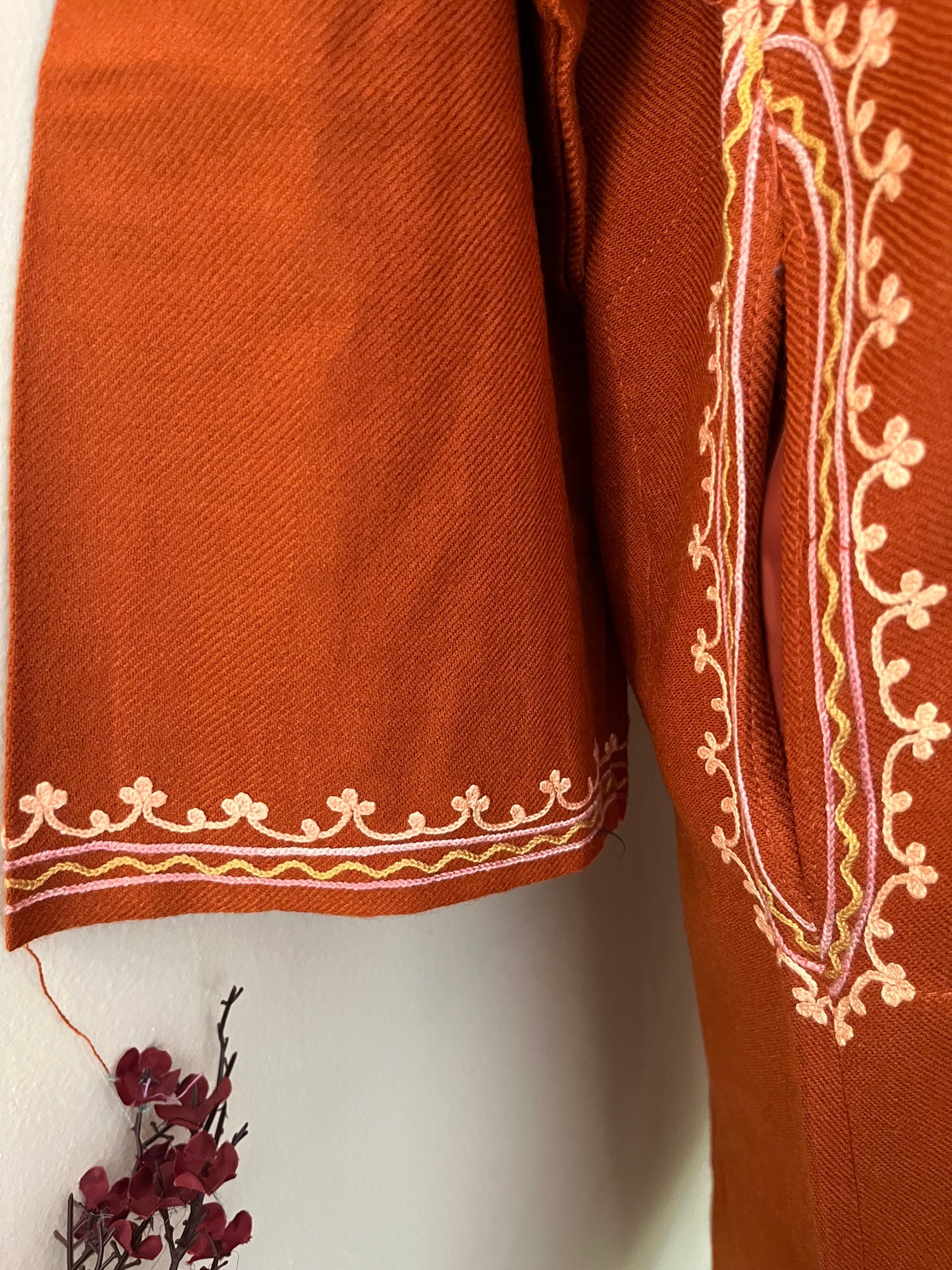 Orange Aari Embroidered Wool Pheran