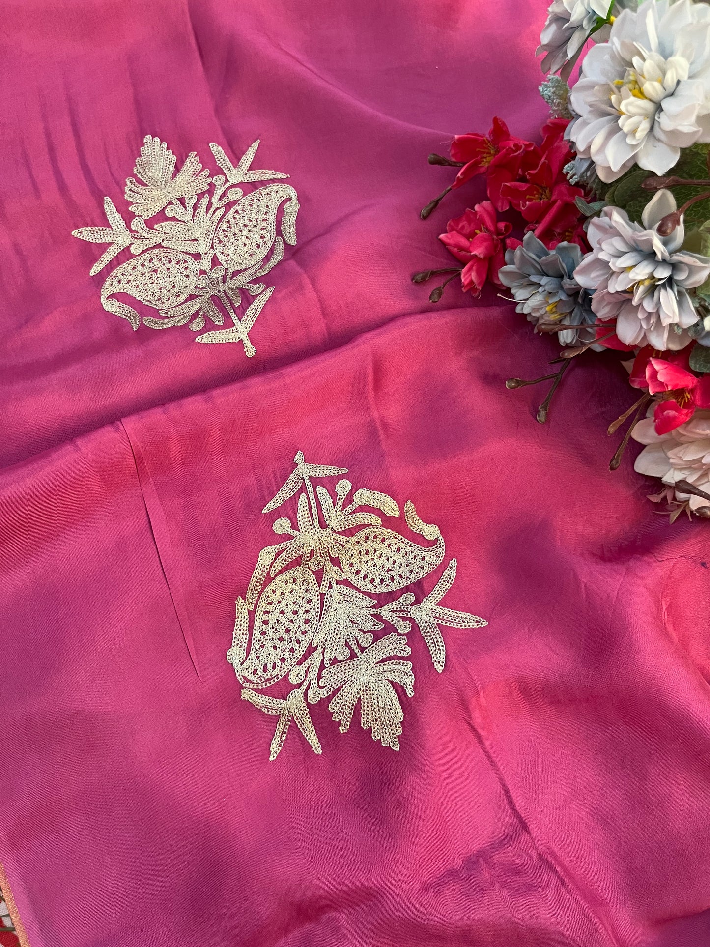 Rose Pink Silk Tilla Kashmiri Suit