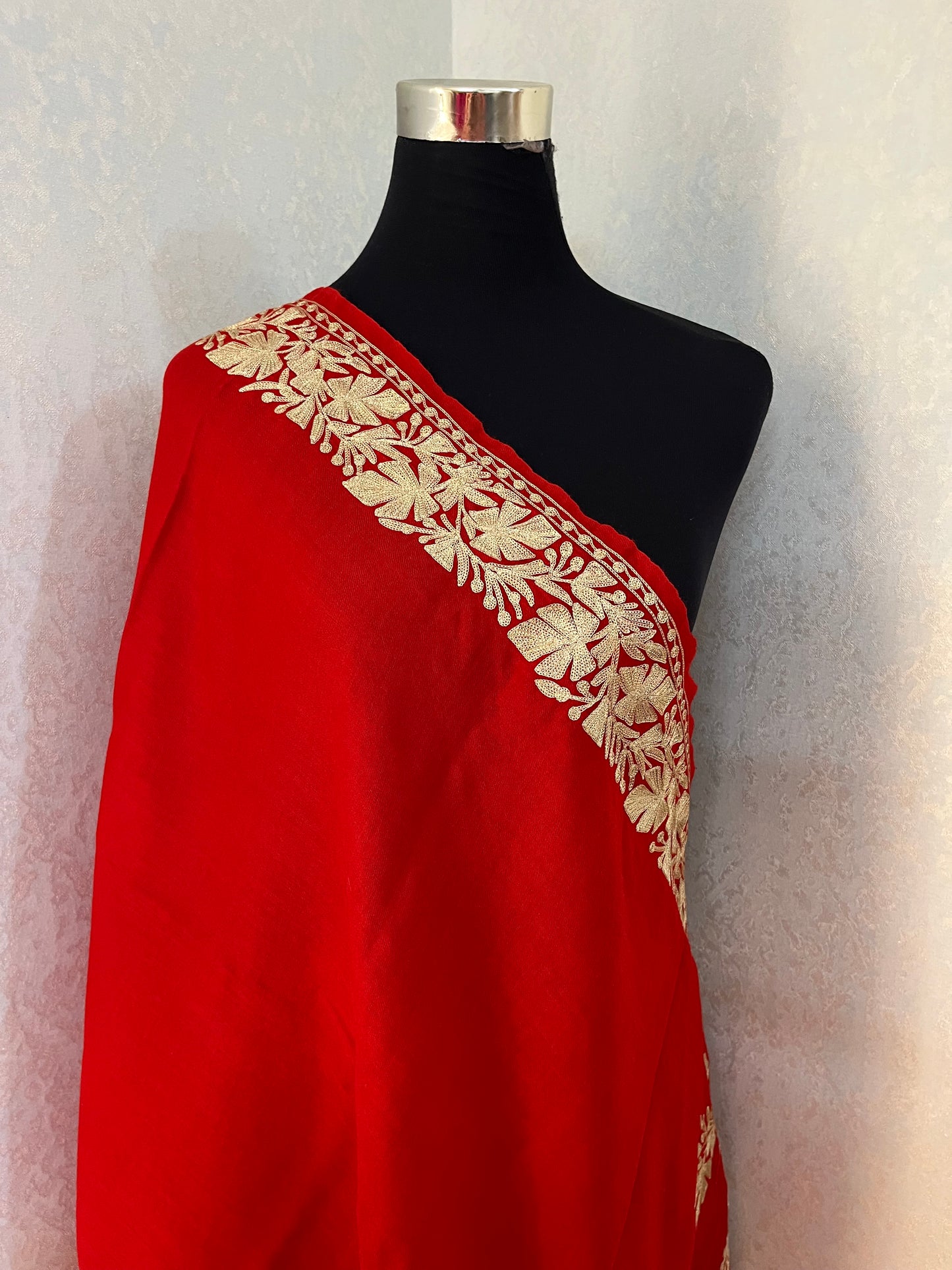 Red Semi Pashmina Tilla Embroidered stole