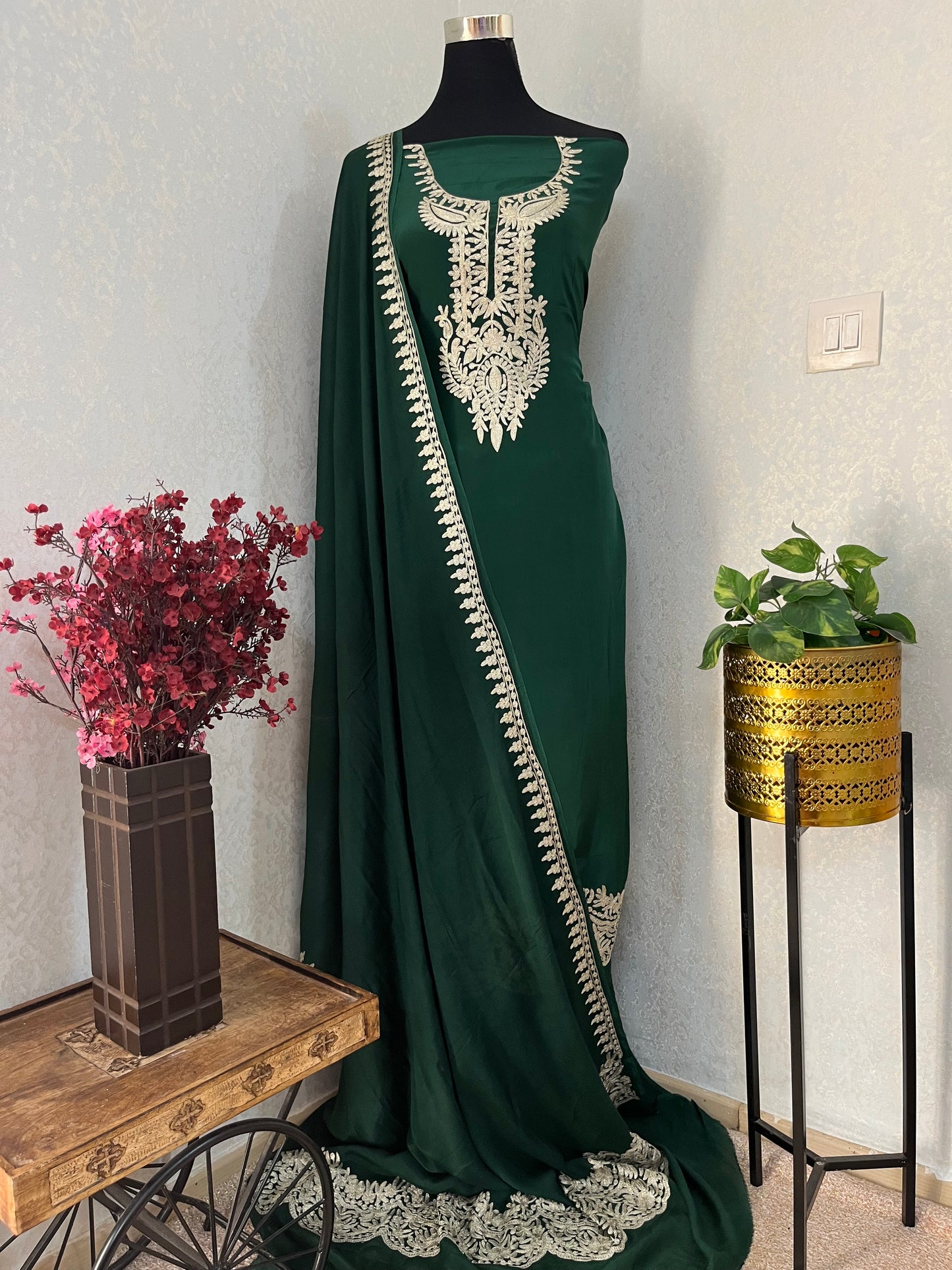 Bottle Green Crape Kashmiri Suit