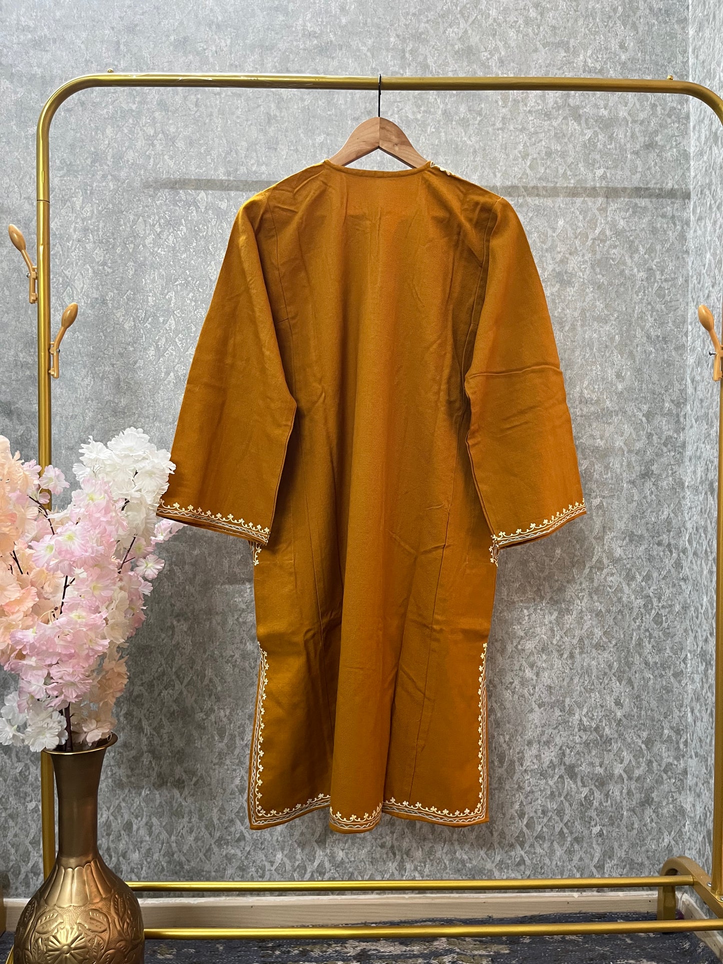 Mustard Yellow Aari Embroidered Wool Pheran