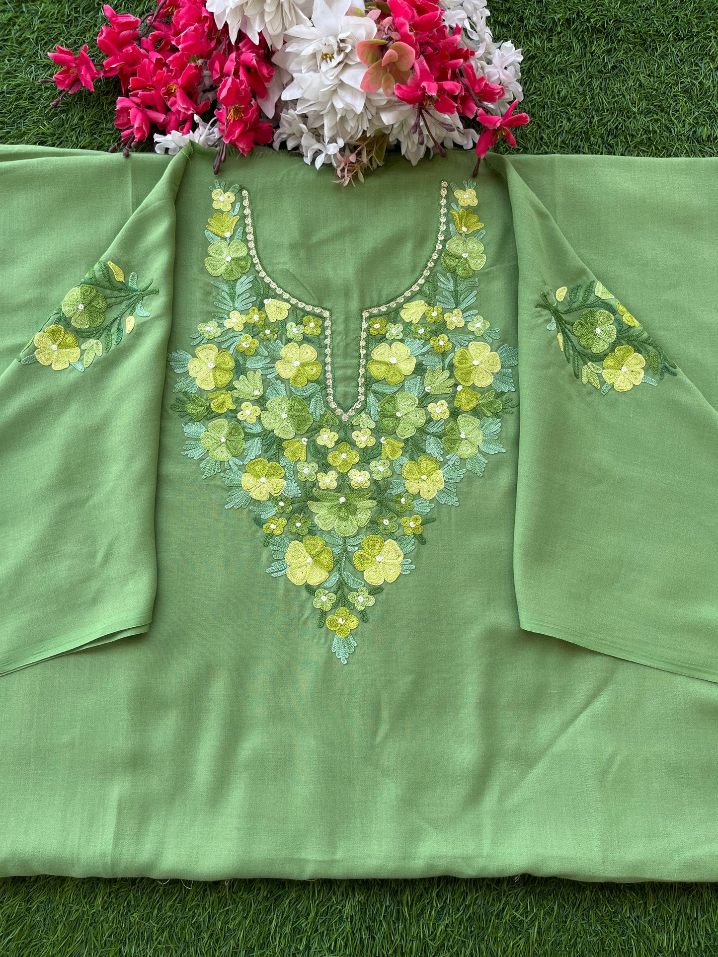 Pastel Green Aari Embroidered Cotton Suit Set