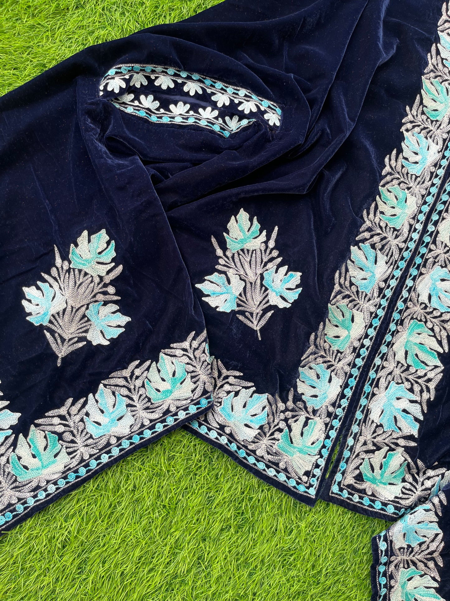 Blue Aari Embroidered Velvet Cape