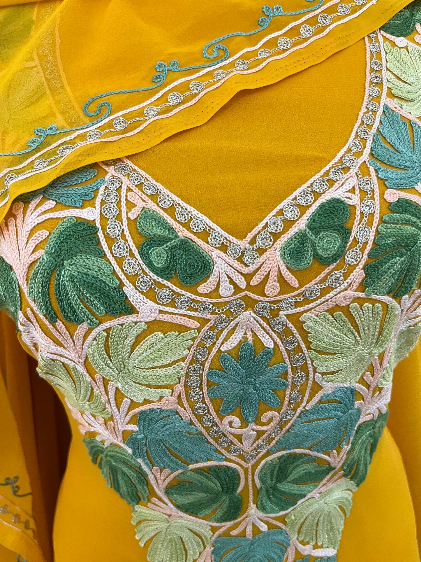 Mustard Georgette 3 Pc Aari Embroidered Suit Set