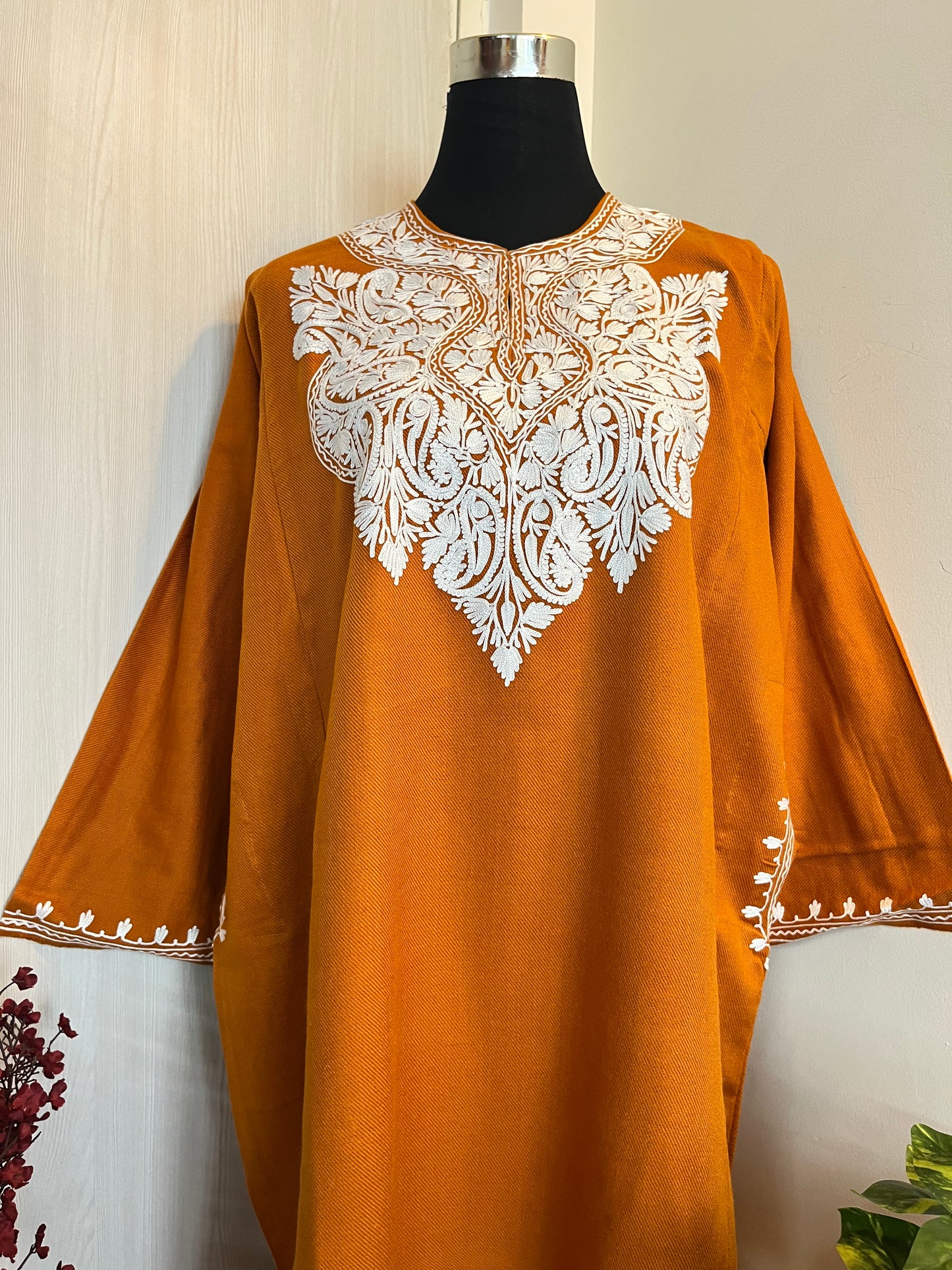 Orange Aari Embroidered Cashmilon Pheran