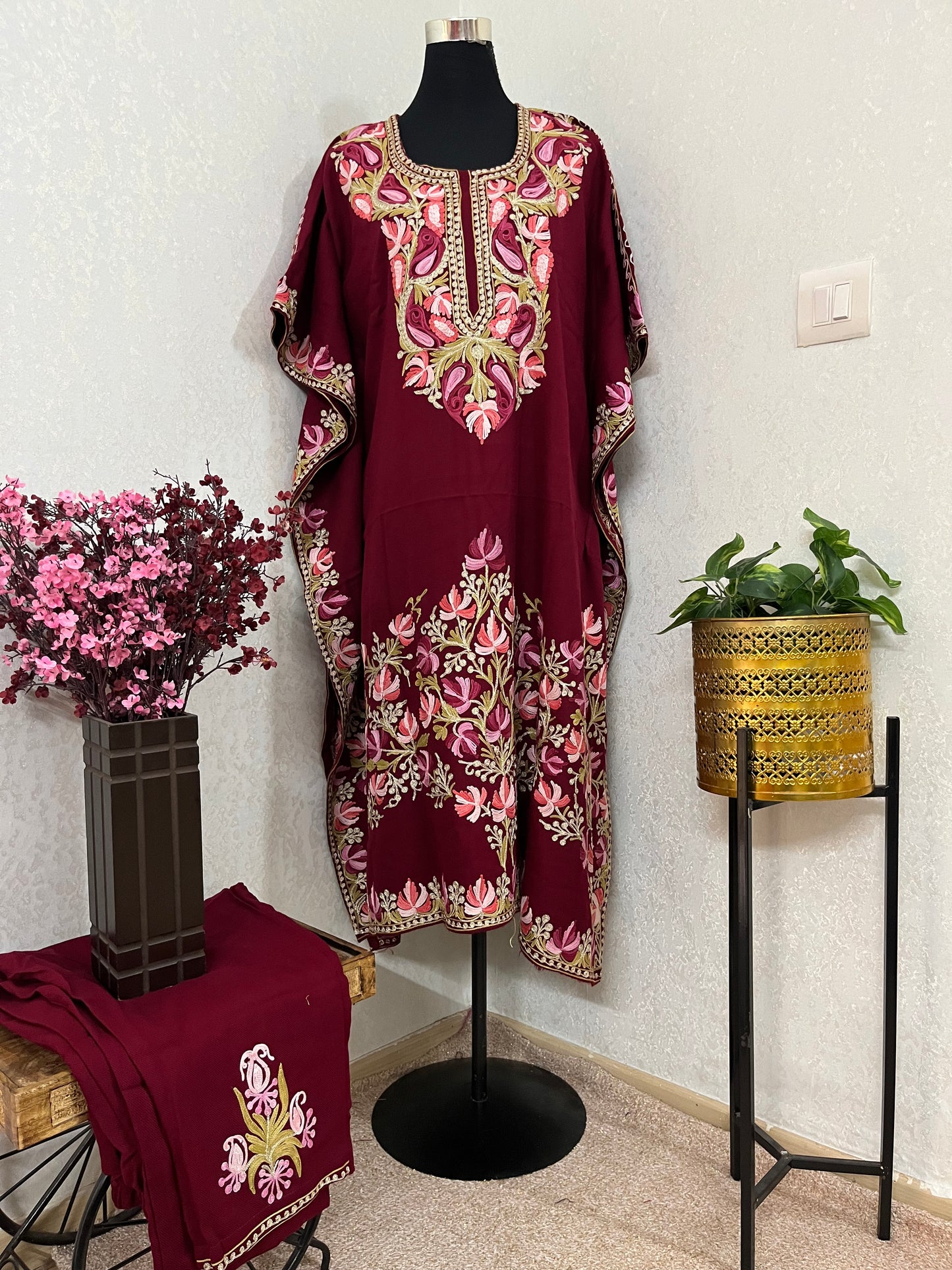 Maroon Woollen Kashmiri Kaftan Set