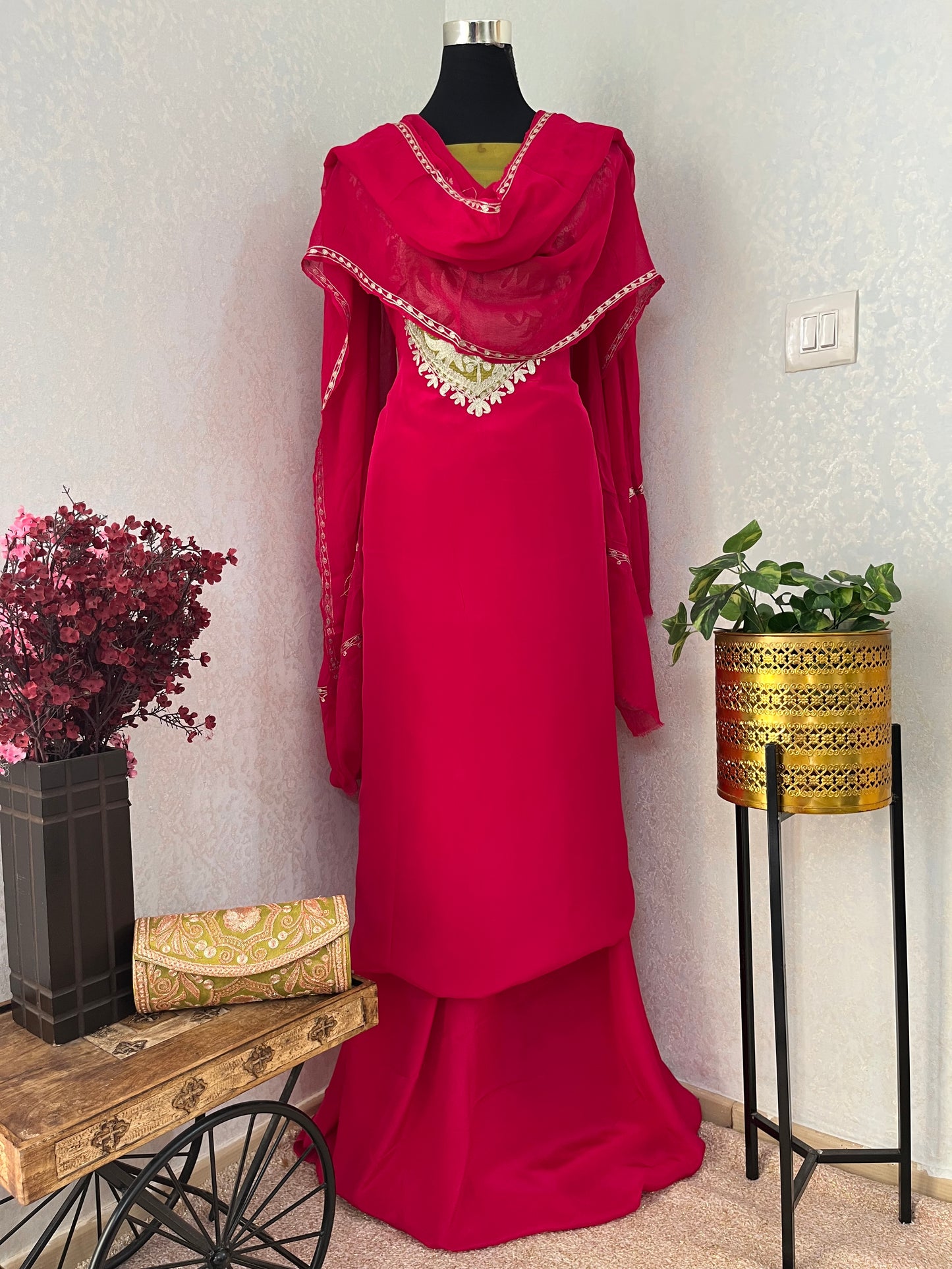 Fuchsia Pink Crape Kashmiri Suit with Clutch