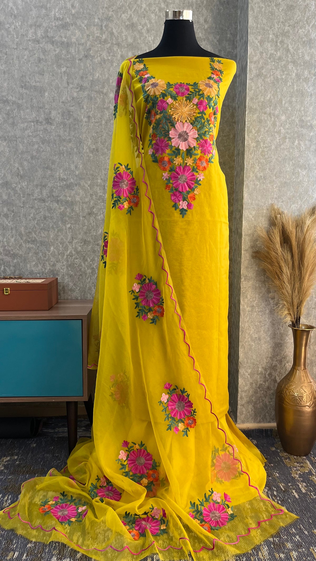 Yellow Soft Tissue Kashmiri Suit (On Order)
