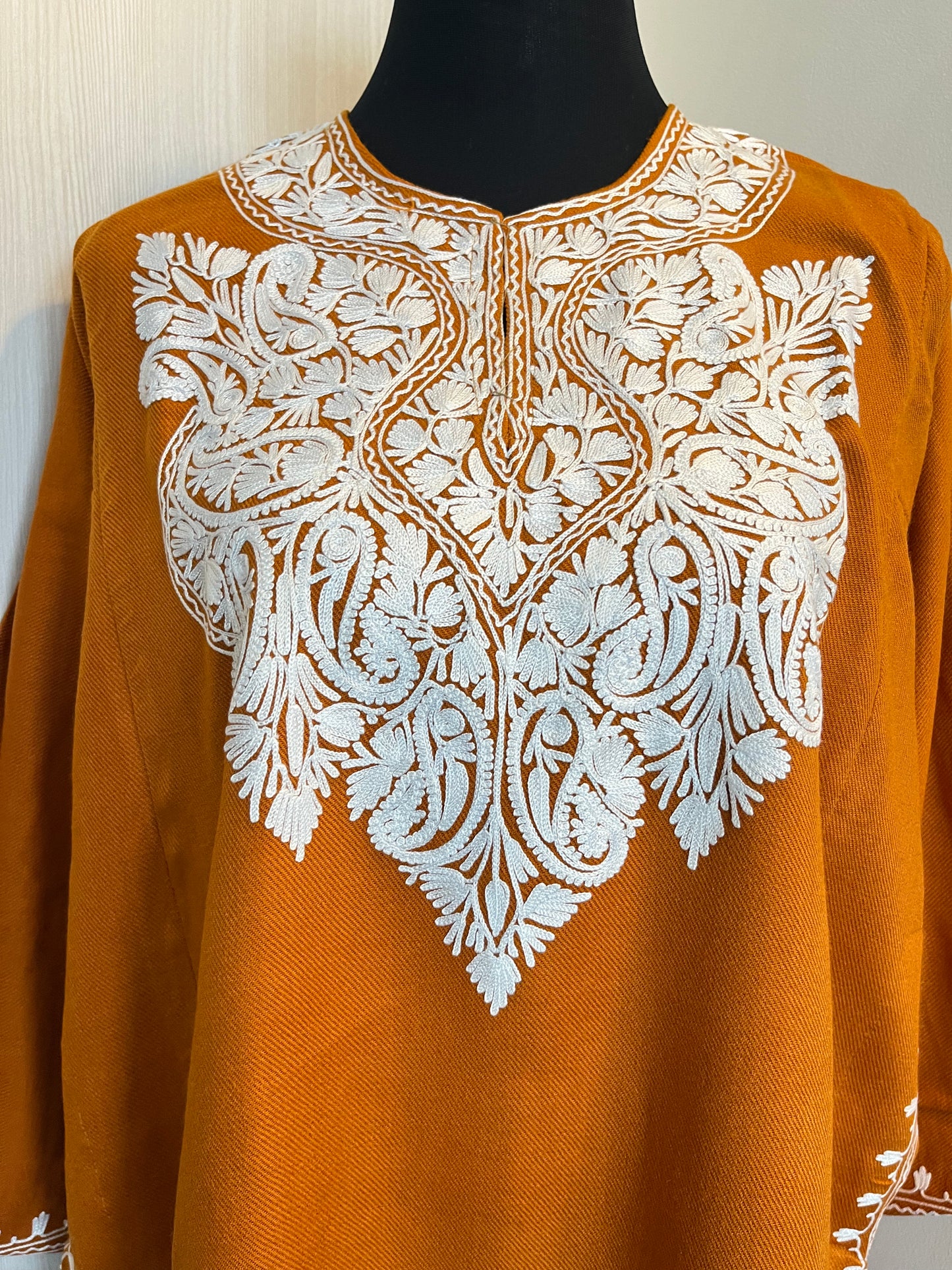 Orange Aari Embroidered Cashmilon Pheran