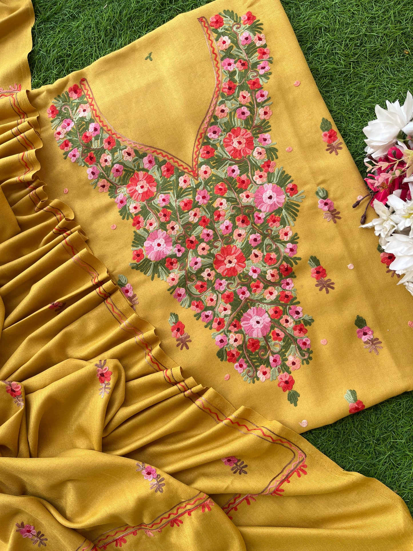 Yellow Woollen Aari Embroidered 3pc suit