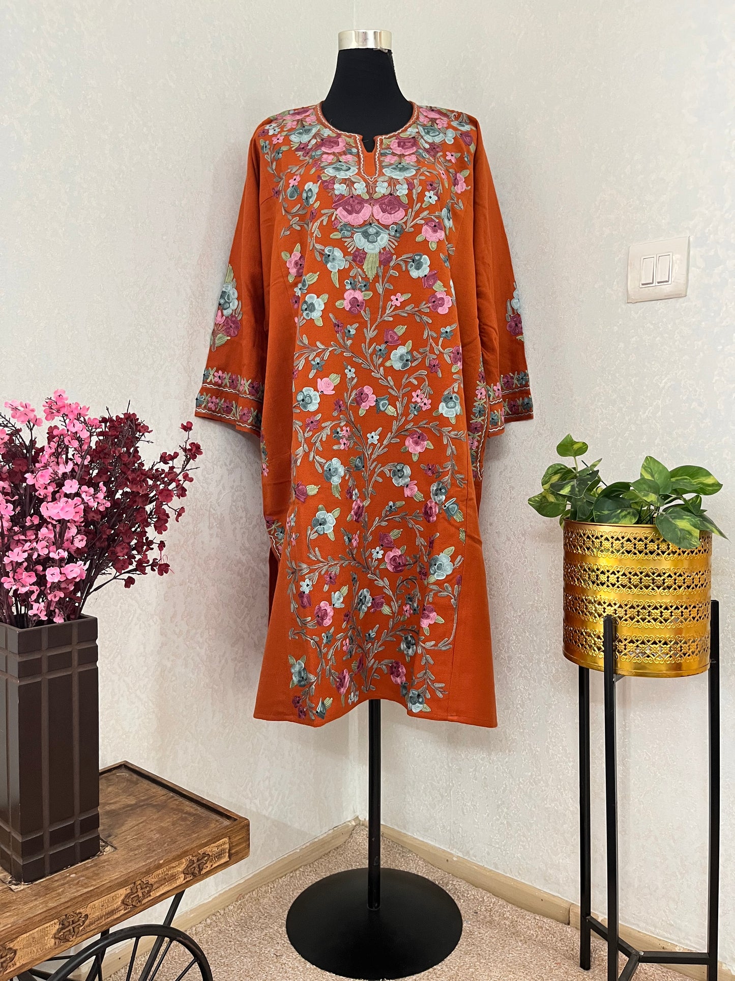 Orange Aari Embroidered Wool Pheran