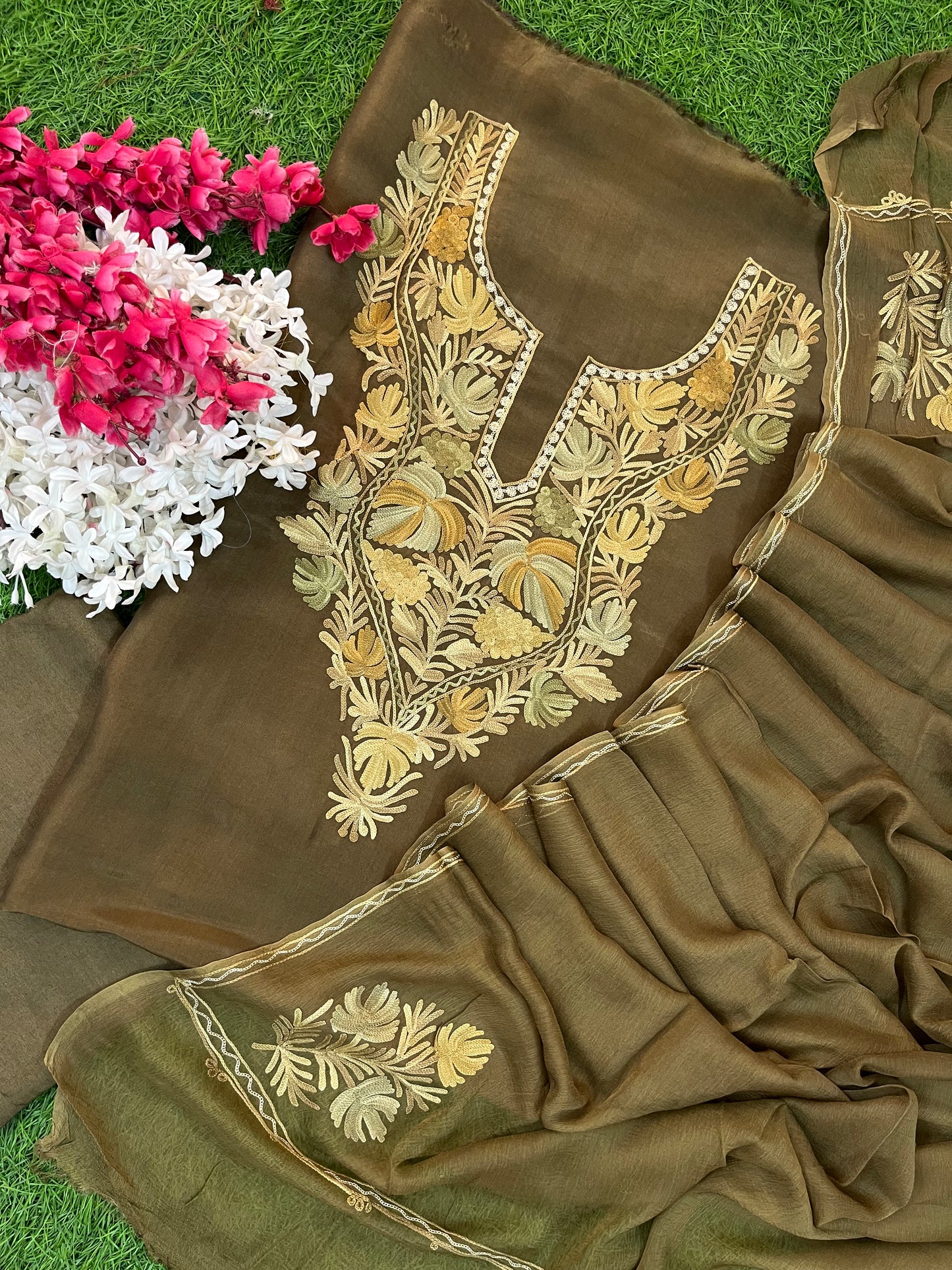 Army Green Opada Silk Kashmiri Suit