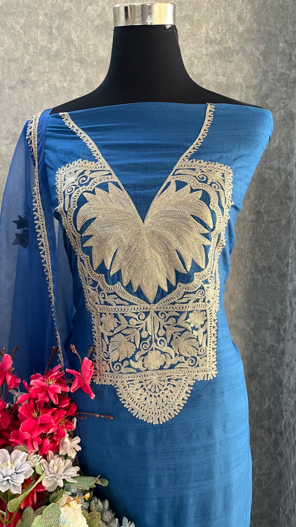 Indigo Silk Tilla Embroidered Suit