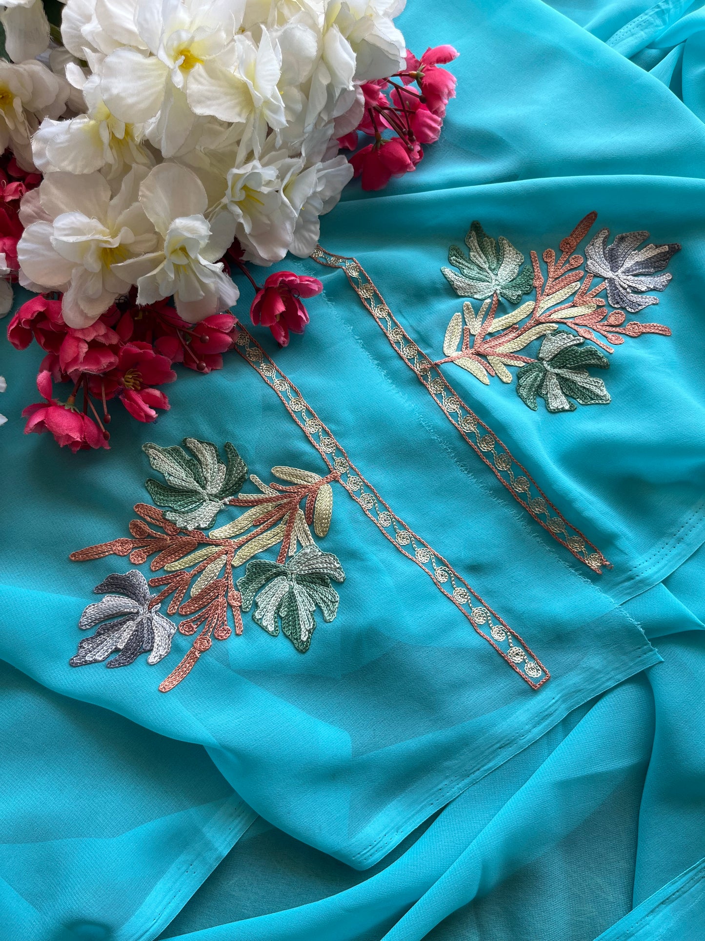 Firozi Blue Georgette Aari Embroidered Unstitched Kurta Material