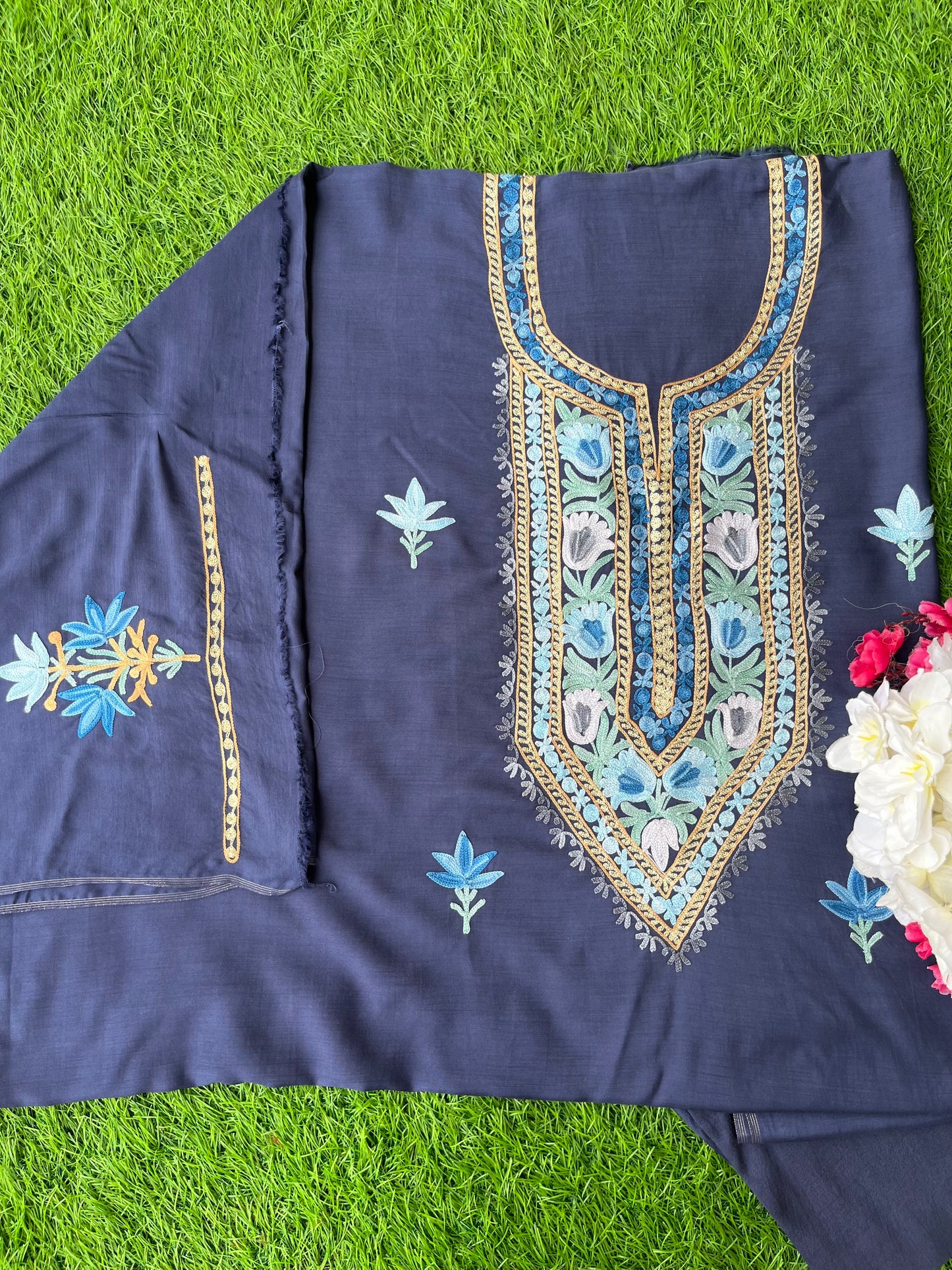 Royal Blue Muslin Cotton Aari Embroidered 3pc set